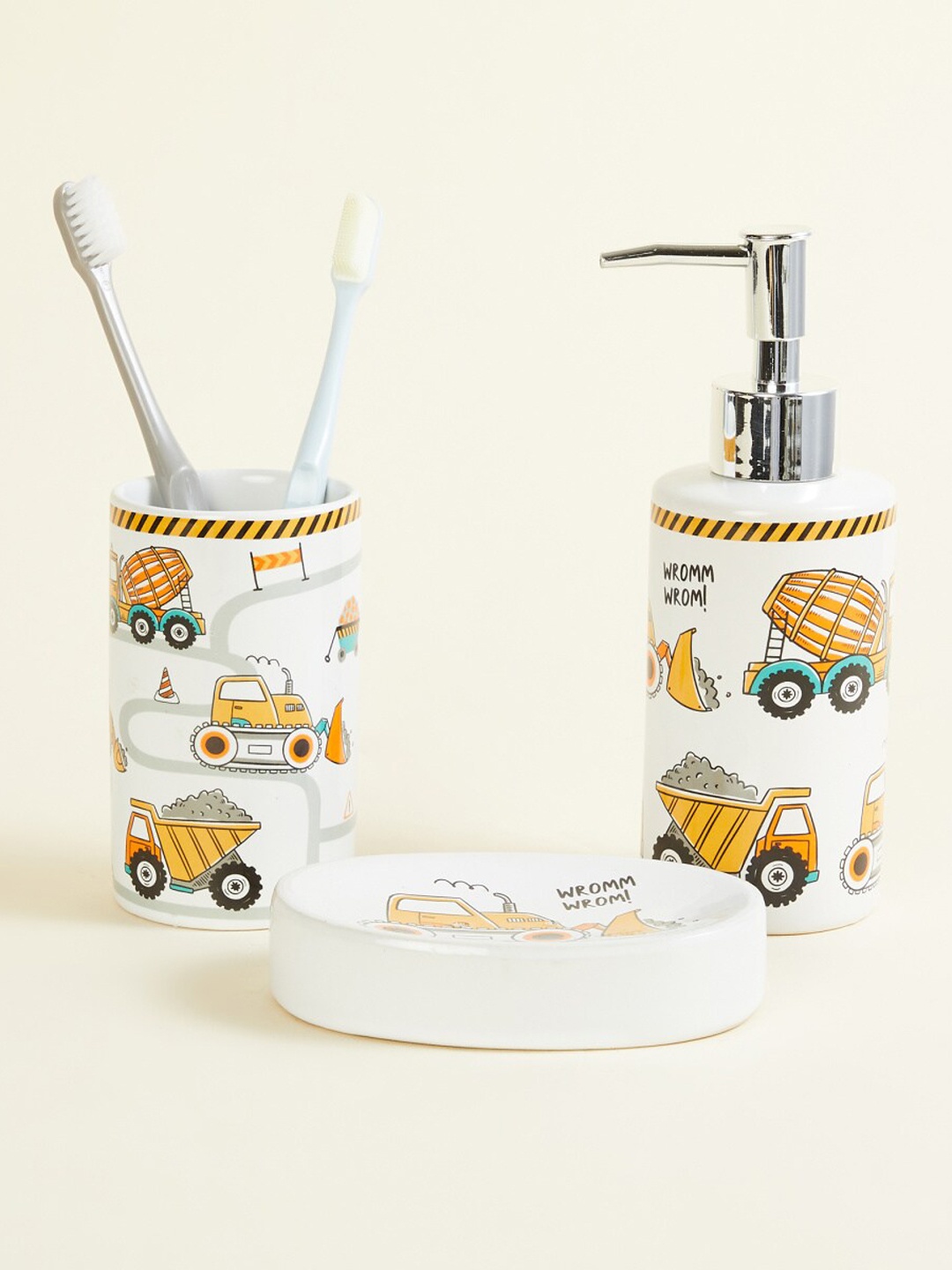 

Home Centre Set Of 3 White & Yellow Printed Stoneware Bathroom Accessories