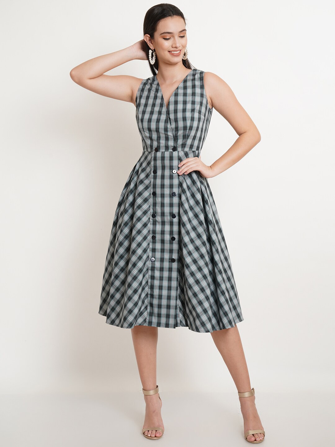 

Purple State Women Green & Grey Checked Wrap Dress