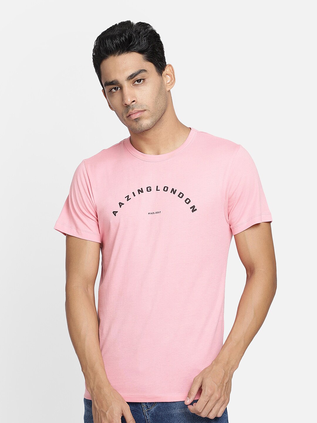 

Aazing London Men Pink & Black Typography Printed T-shirt