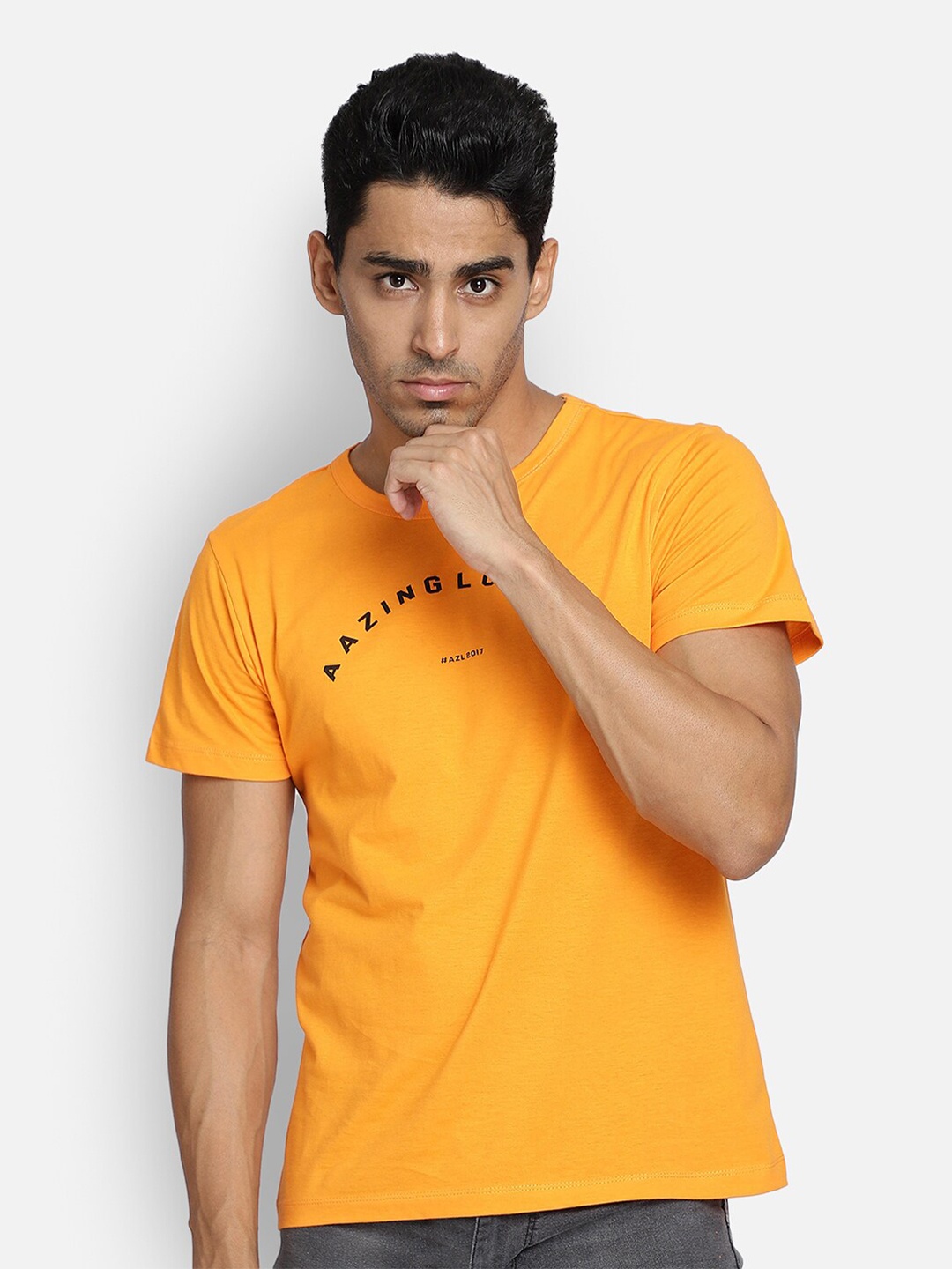 

Aazing London Men Orange Typography Printed Raw Edge T-shirt