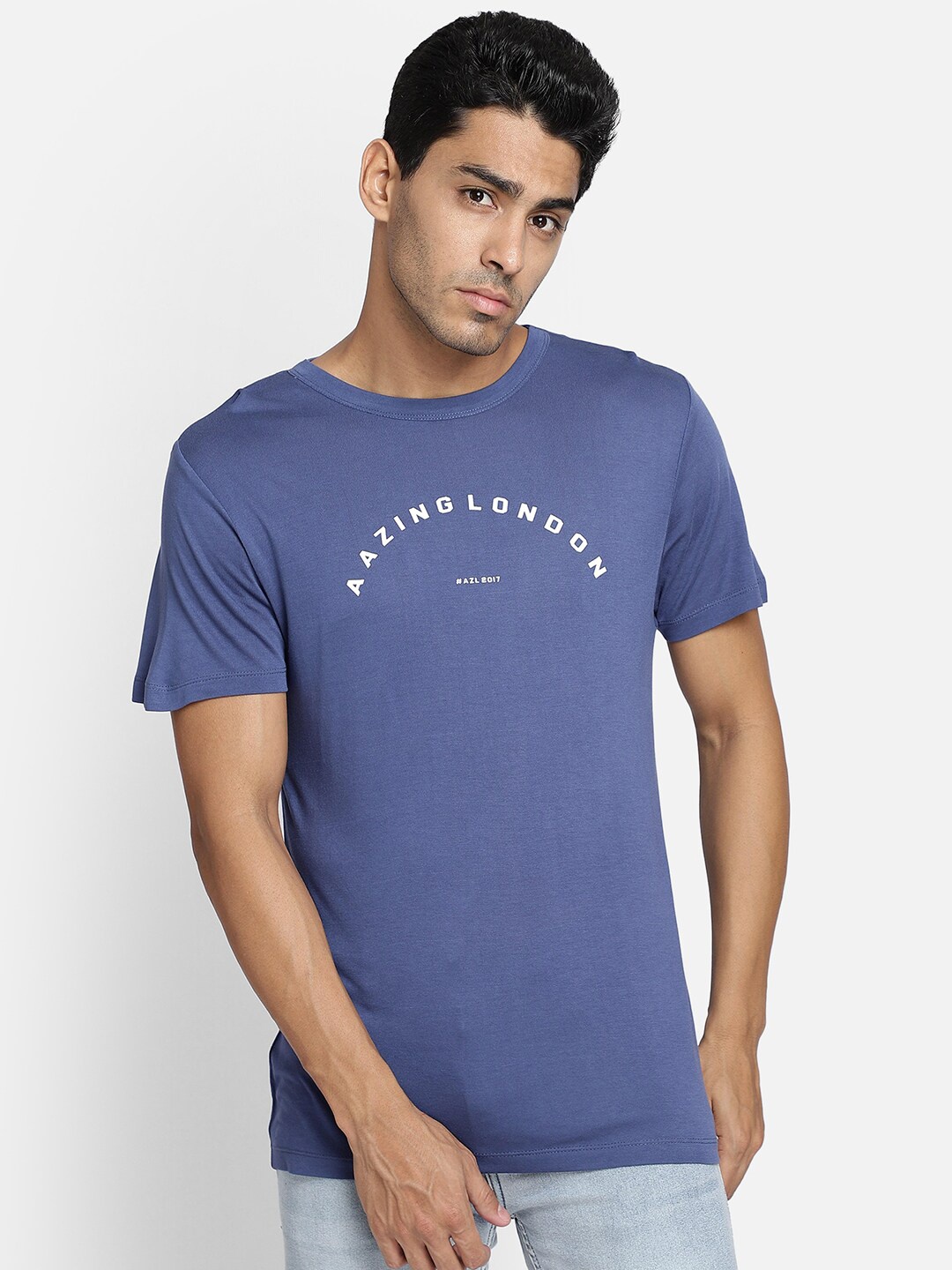 

Aazing London Men Blue Typography Printed Cotton T-shirt