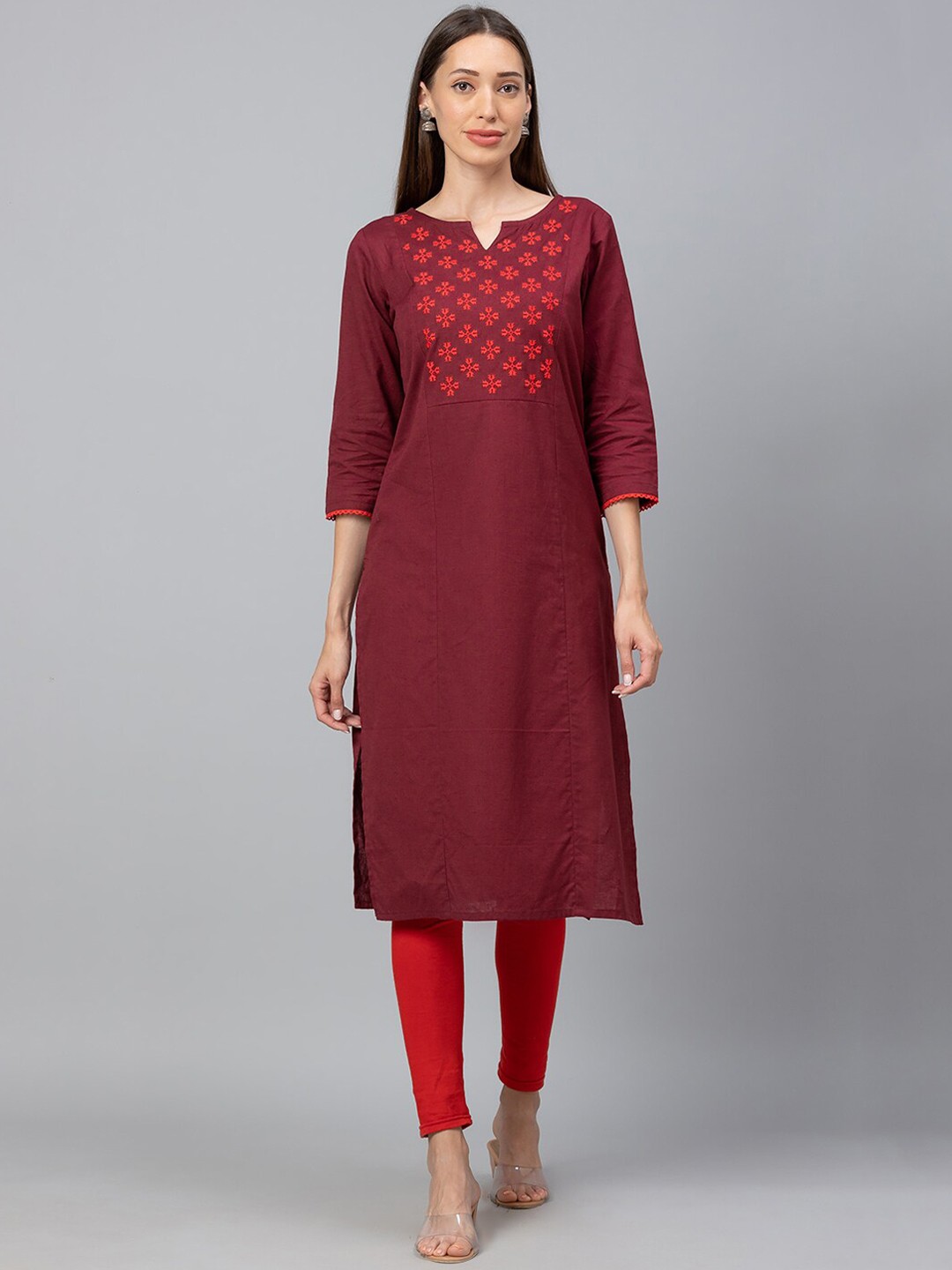 

Globus Women Maroon Yoke Design Embroidered Pure Cotton Kurta