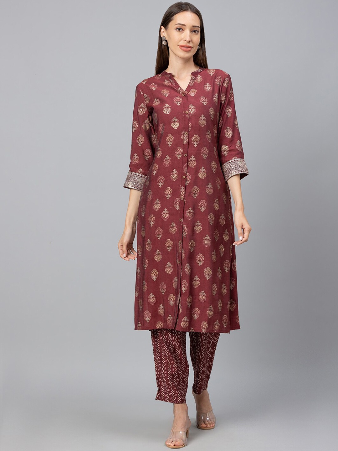 

Globus Women Maroon Ethnic Motifs Printed Kurta with Trousers