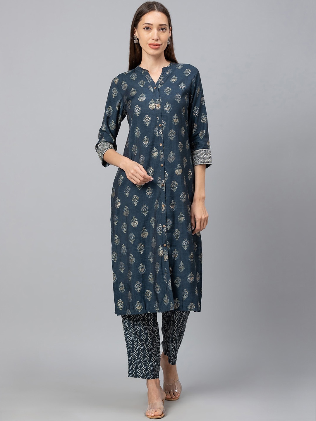 

Globus Women Blue Ethnic Motifs Printed Pure Cotton Kurta with Trousers