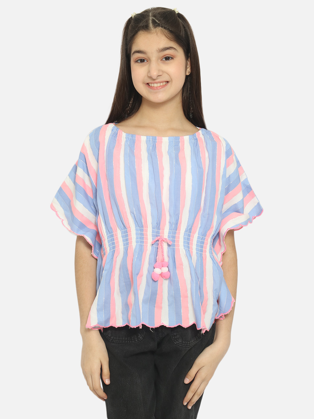 

Natilene Blue & Pink Striped Kaftan Top