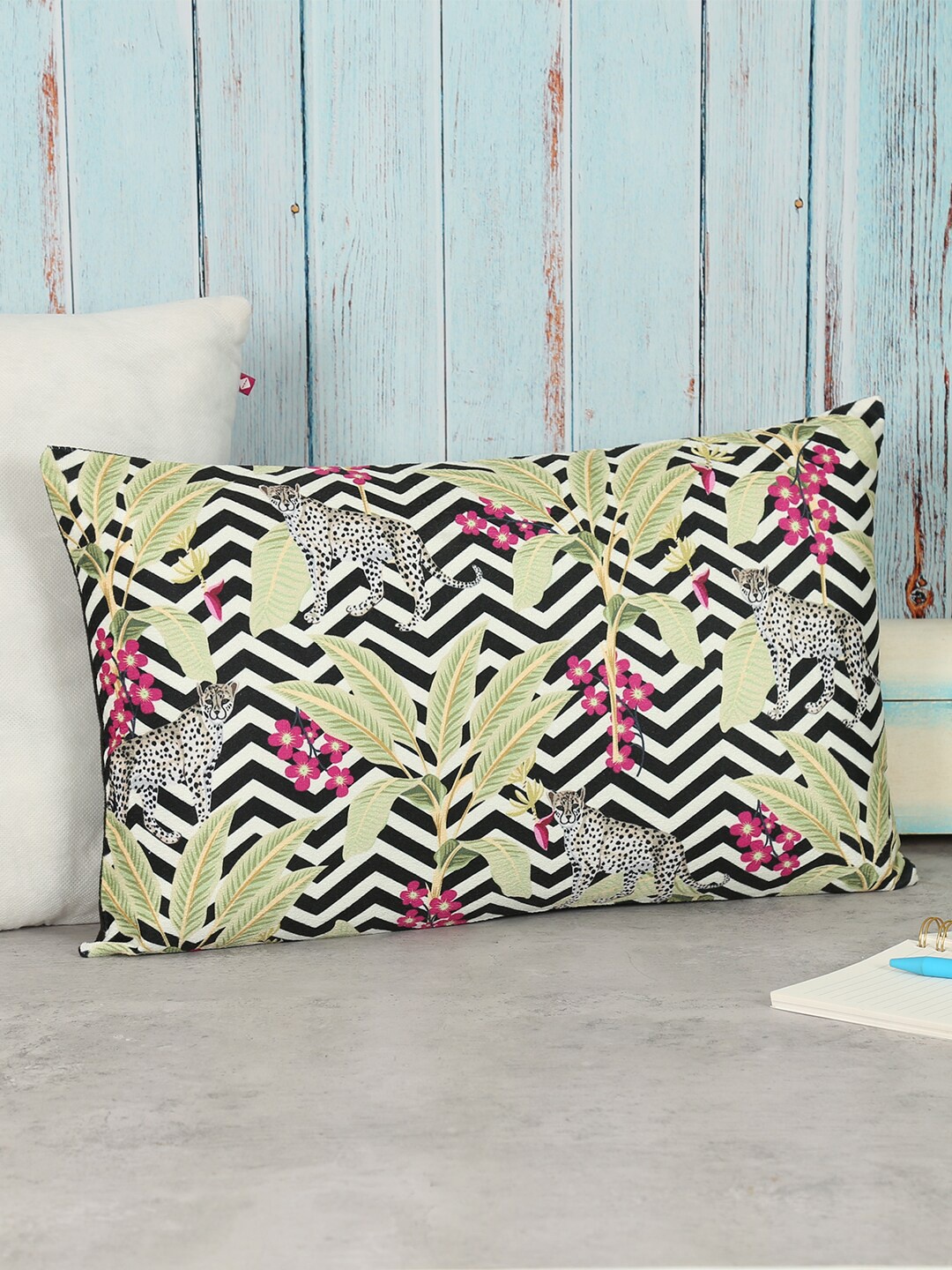 

India Circus by Krsnaa Mehta Black & Green Ethnic Motifs Velvet Rectangle Cushion Cover
