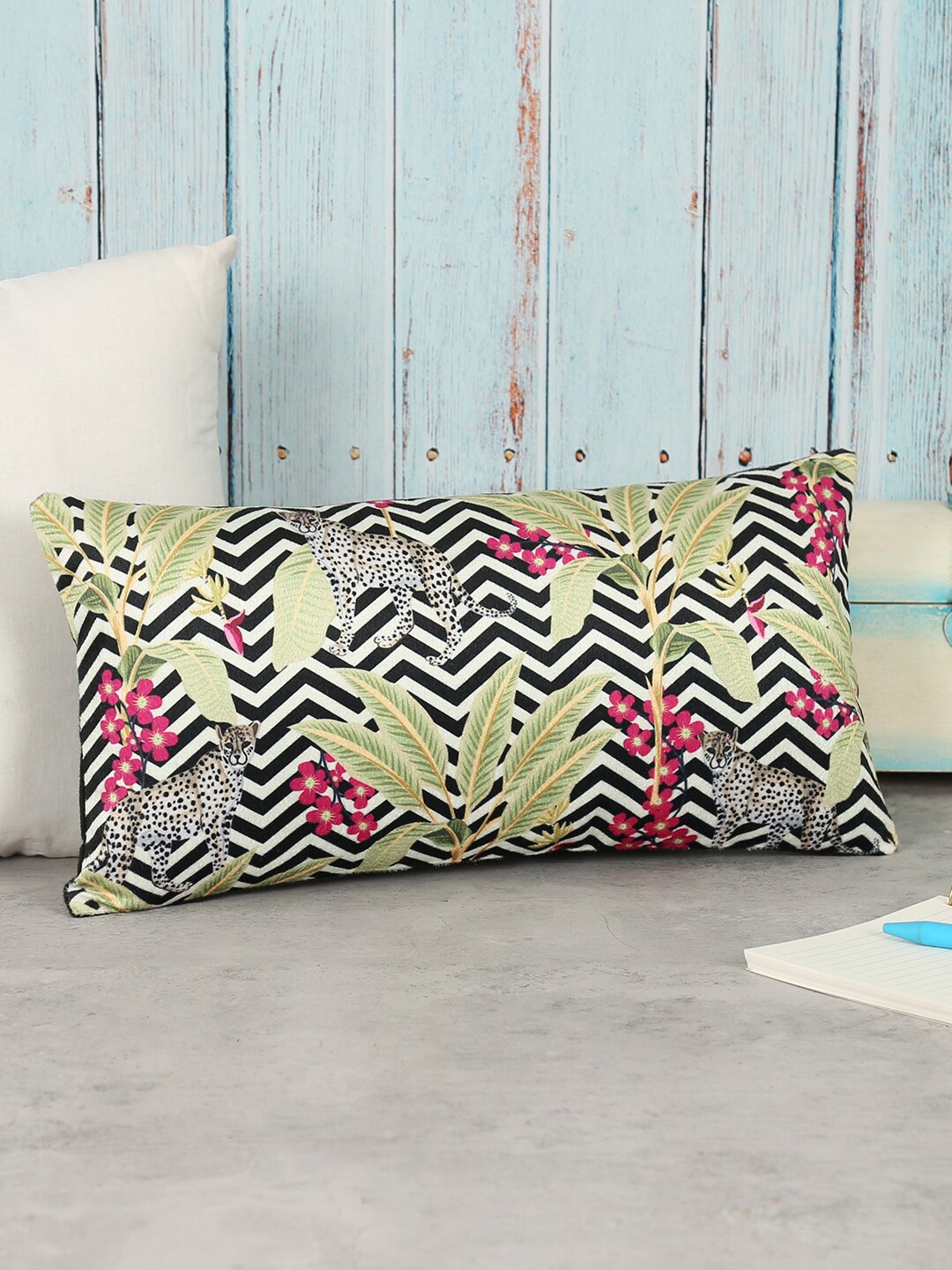

India Circus by Krsnaa Mehta Black & Green Floral Velvet Rectangle Cushion Cover