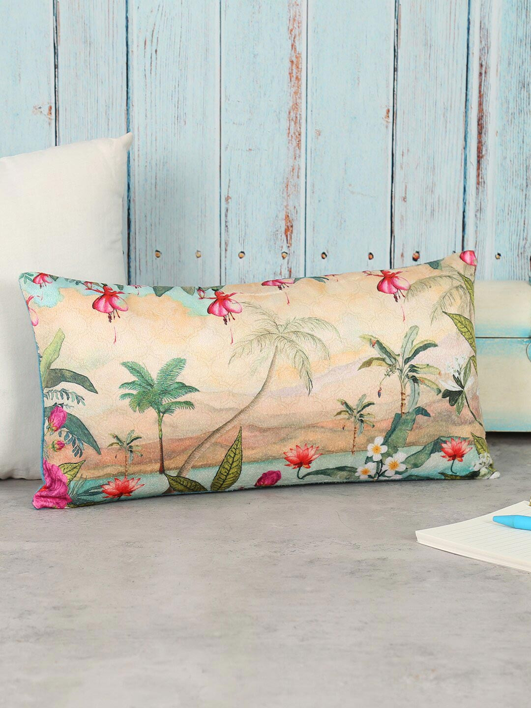 

India Circus by Krsnaa Mehta Cream-Coloured & Blue Abstract Velvet Rectangle Cushion Cover