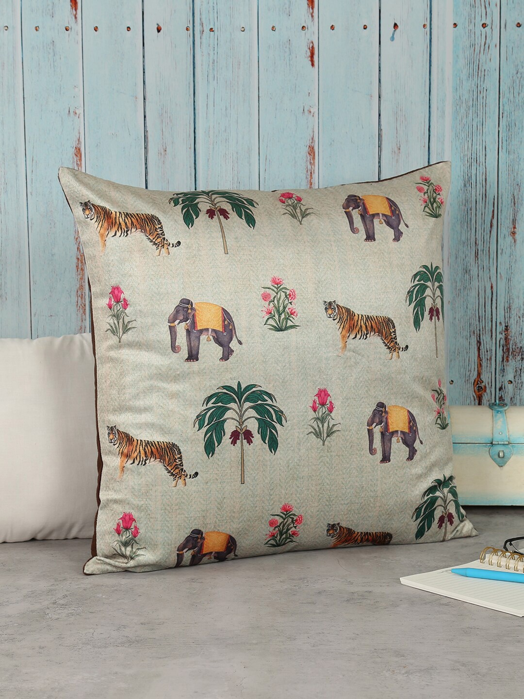 

India Circus by Krsnaa Mehta Beige Velvet Square Cushion Cover