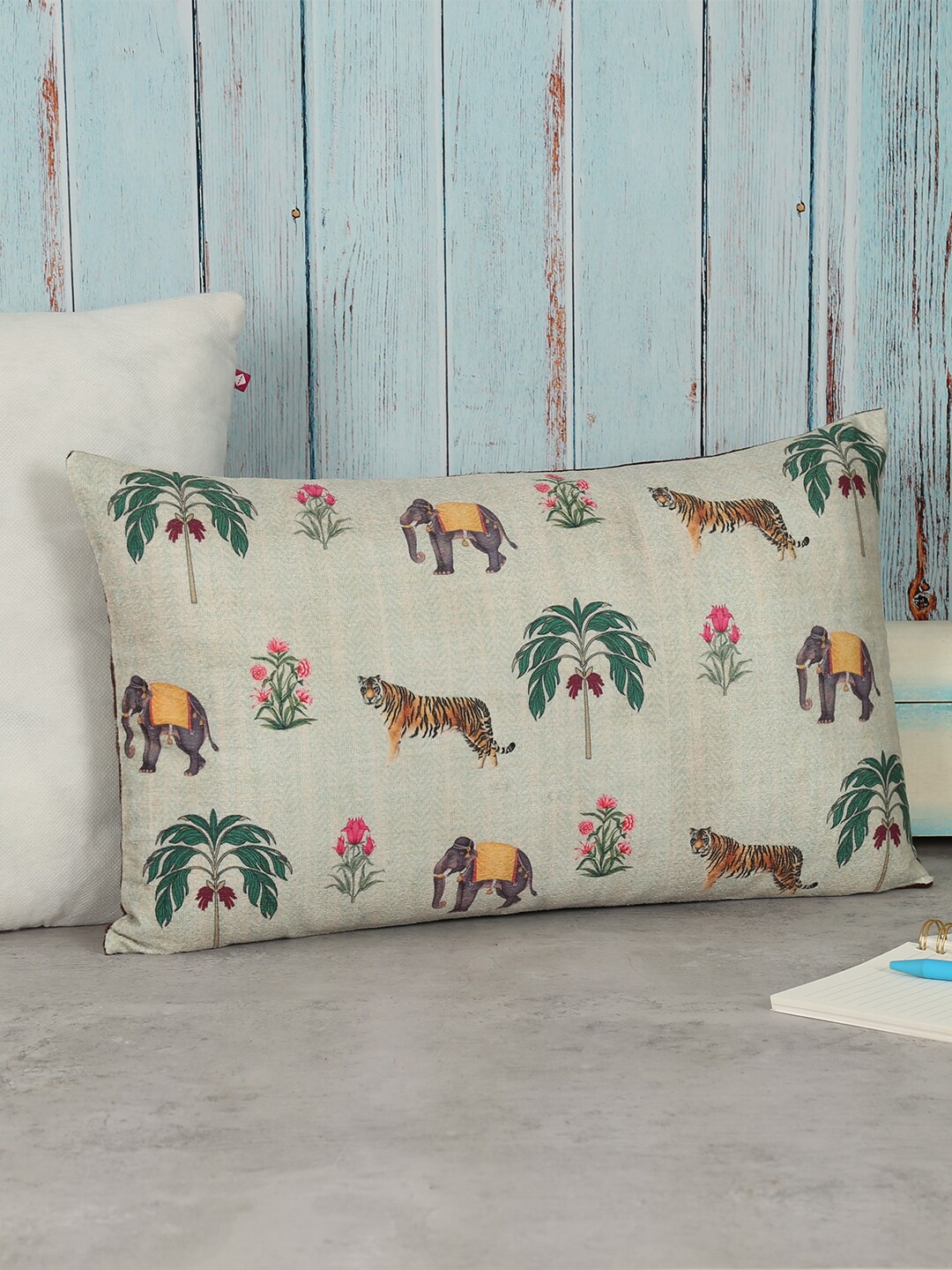 

India Circus by Krsnaa Mehta Beige & Yellow Ethnic Motifs Velvet Rectangle Cushion Cover
