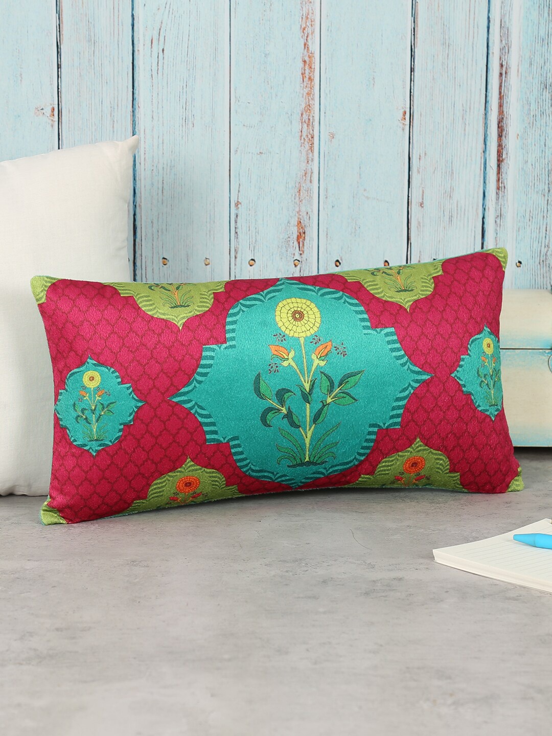 

India Circus by Krsnaa Mehta Fuchsia Ethnic Motifs Velvet Rectangle Cushion Cover