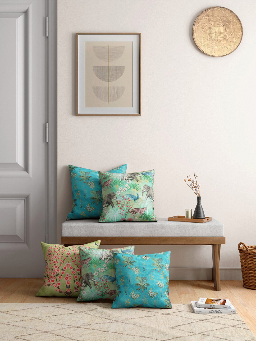 

India Circus by Krsnaa Mehta Green & Blue Set of 5 Ethnic Motifs Velvet Square Cushion Covers