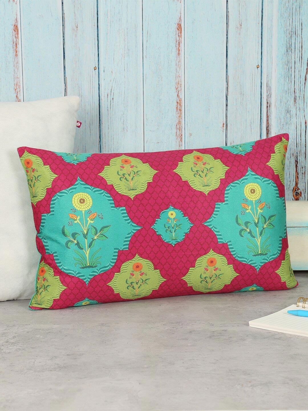 

India Circus by Krsnaa Mehta Fuchsia & Blue Ethnic Motifs Velvet Rectangle Cushion Covers