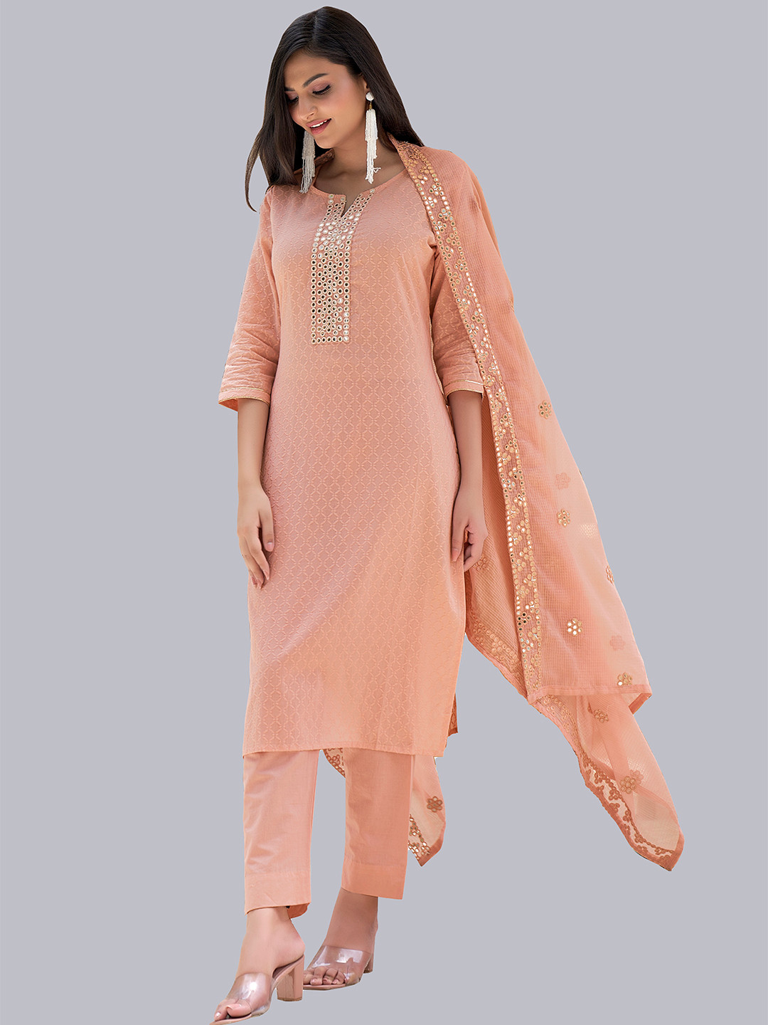 

NH KAPDEWALA Women Beige Embroidered Pure Cotton Kurta with Trousers & With Dupatta