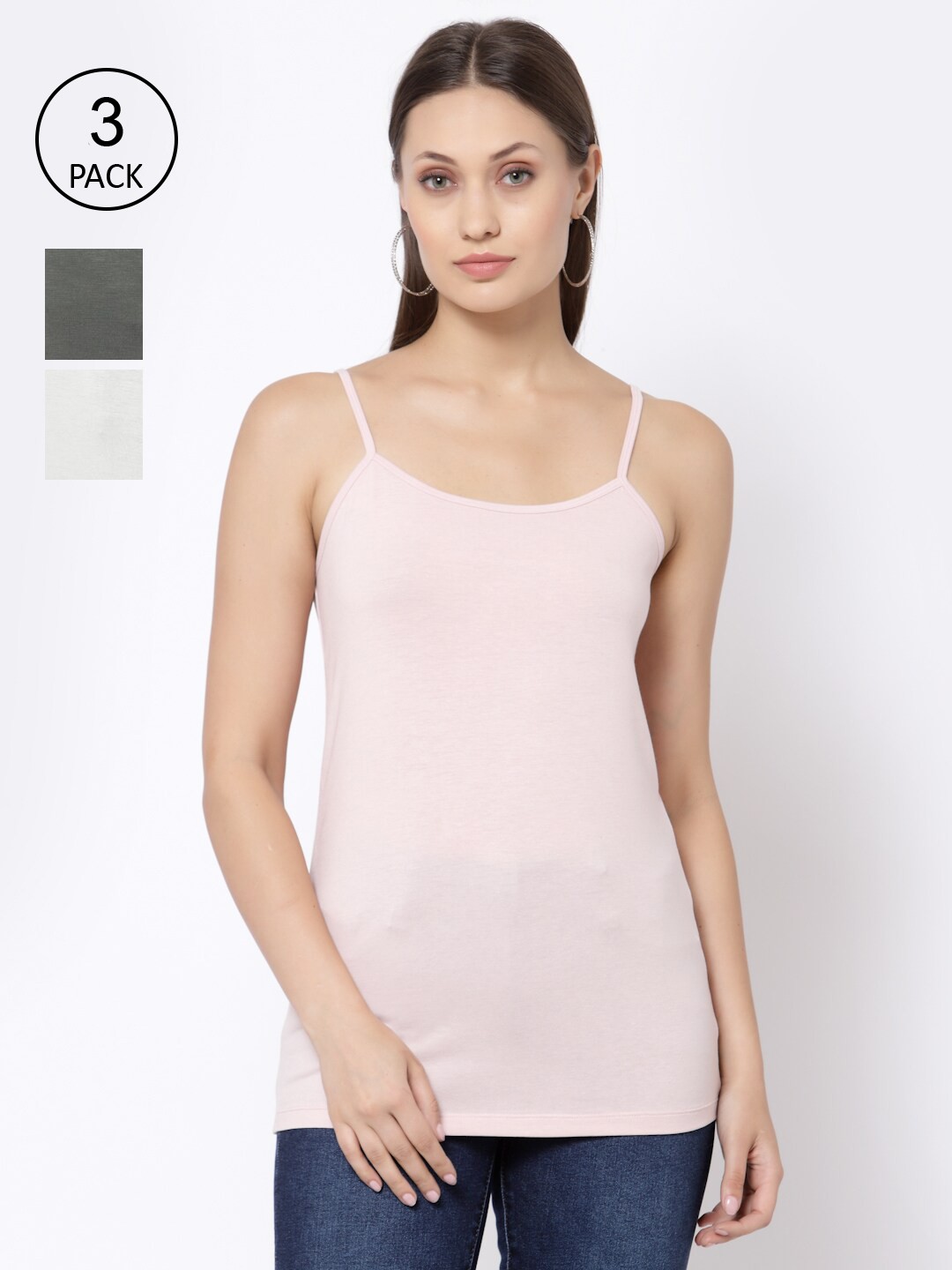 

YOONOY Women Pink Grey White Pack Of 3 Solid Anti-Odor Camisoles