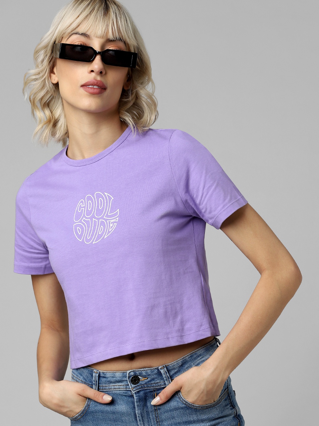 

ONLY Women Purple & White Typography Printed Crop T-shirt