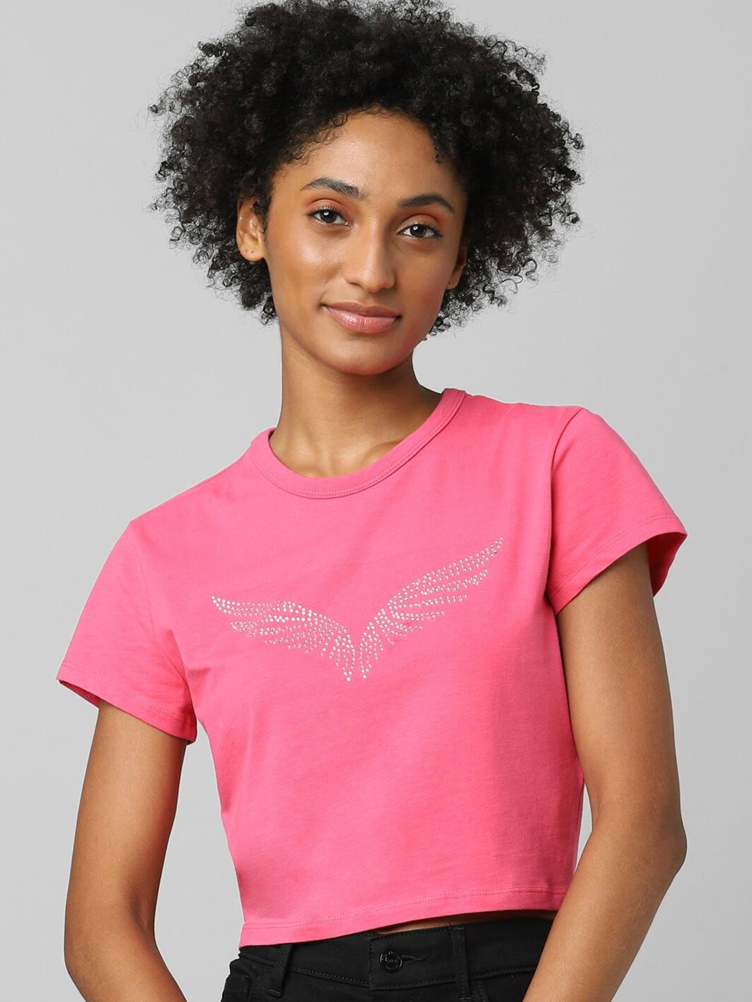 

ONLY Women Pink Embellished Boxy Cropped T-shirt