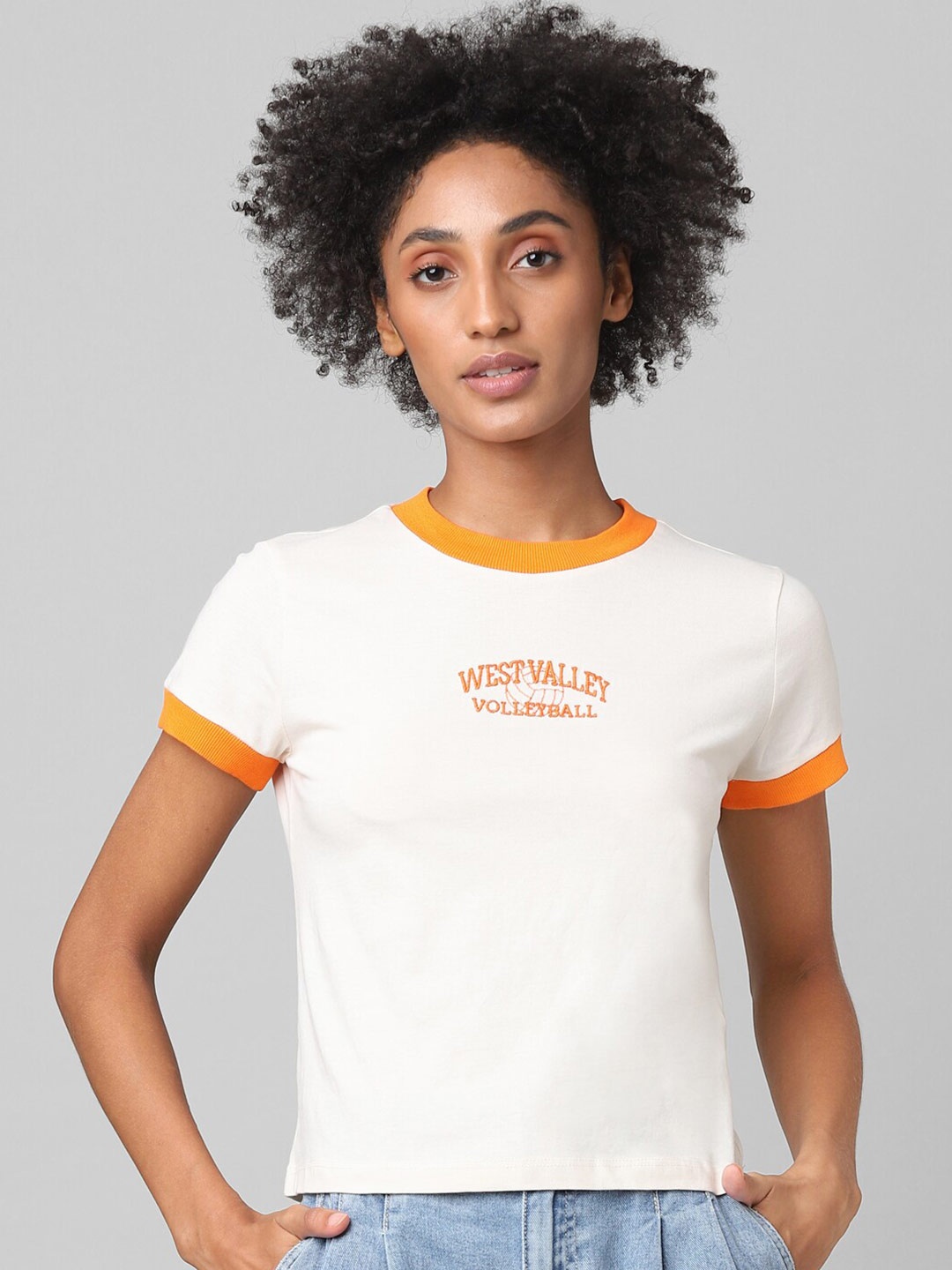 

ONLY Women White & Orange Typography Printed Cotton T-shirt