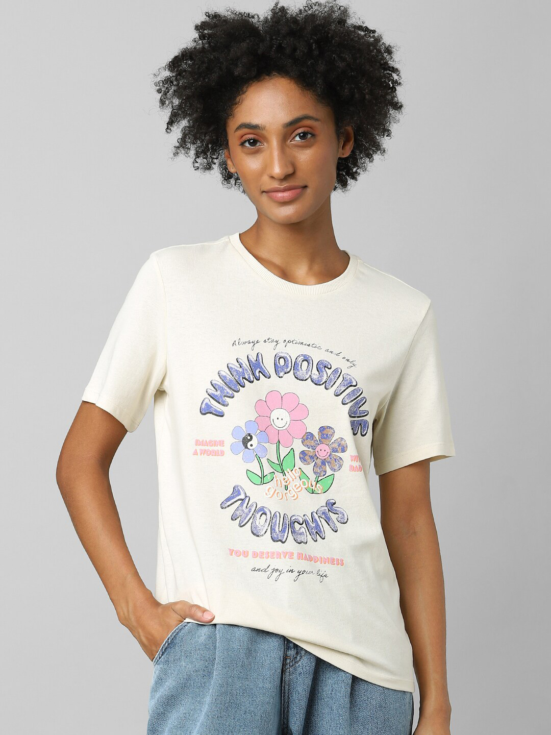 

ONLY Women Beige Typography Printed Cotton T-shirt