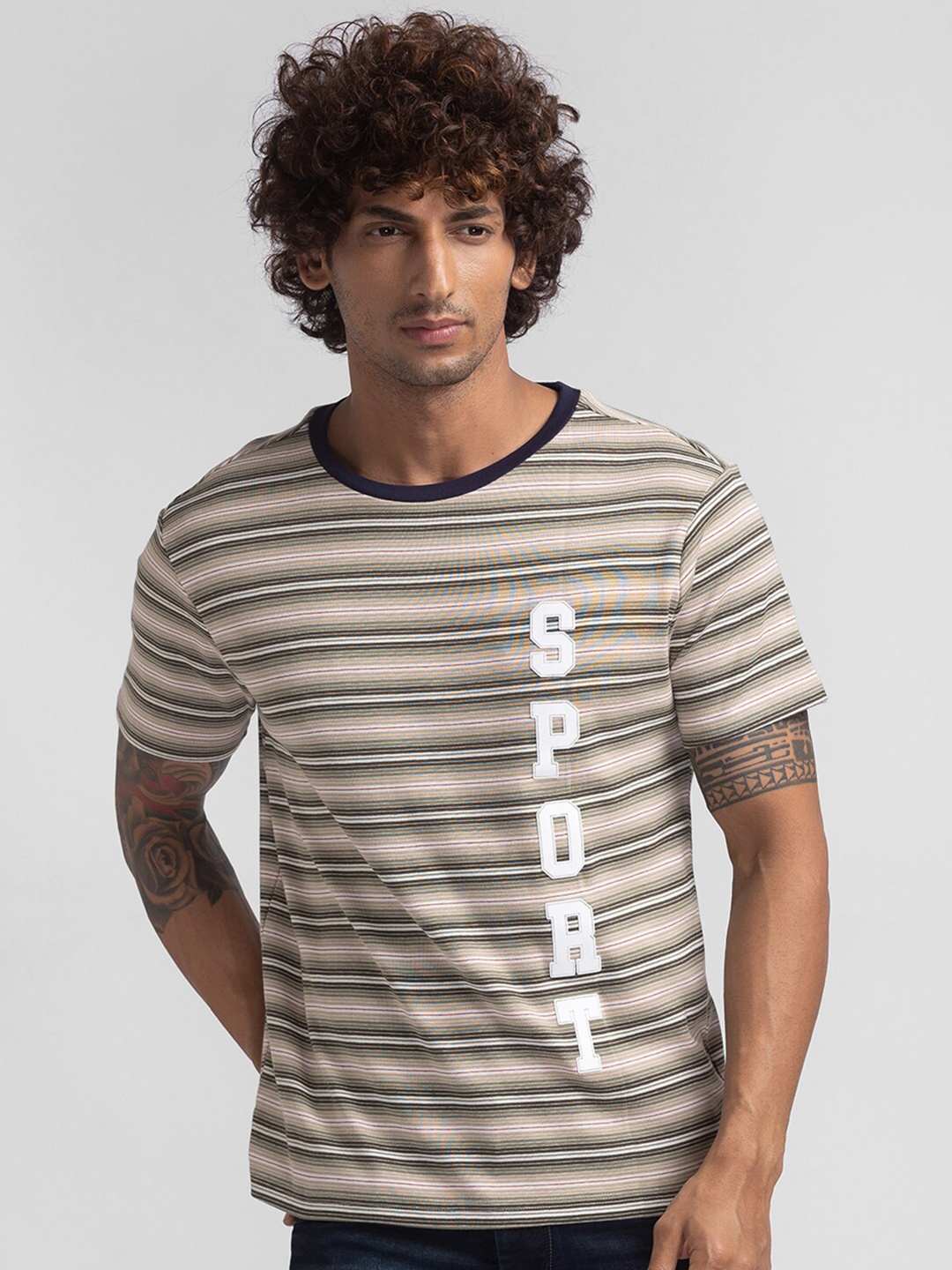 

Globus Men Beige Striped T-shirt