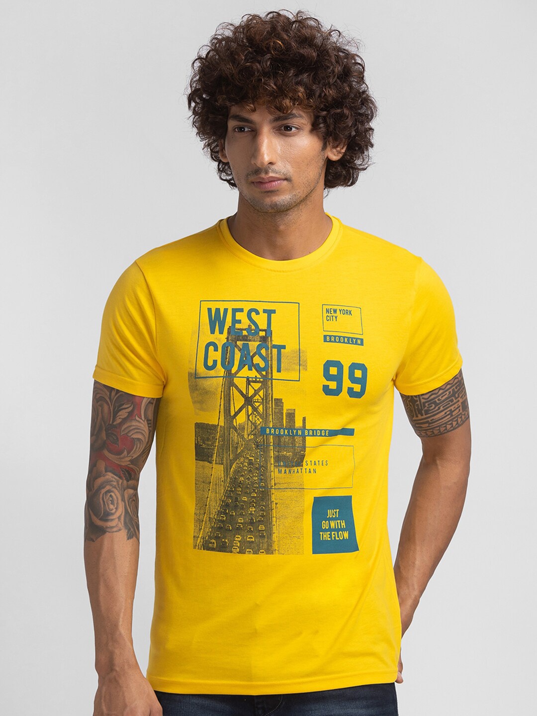 

Globus Men Mustard Yellow Printed T-shirt