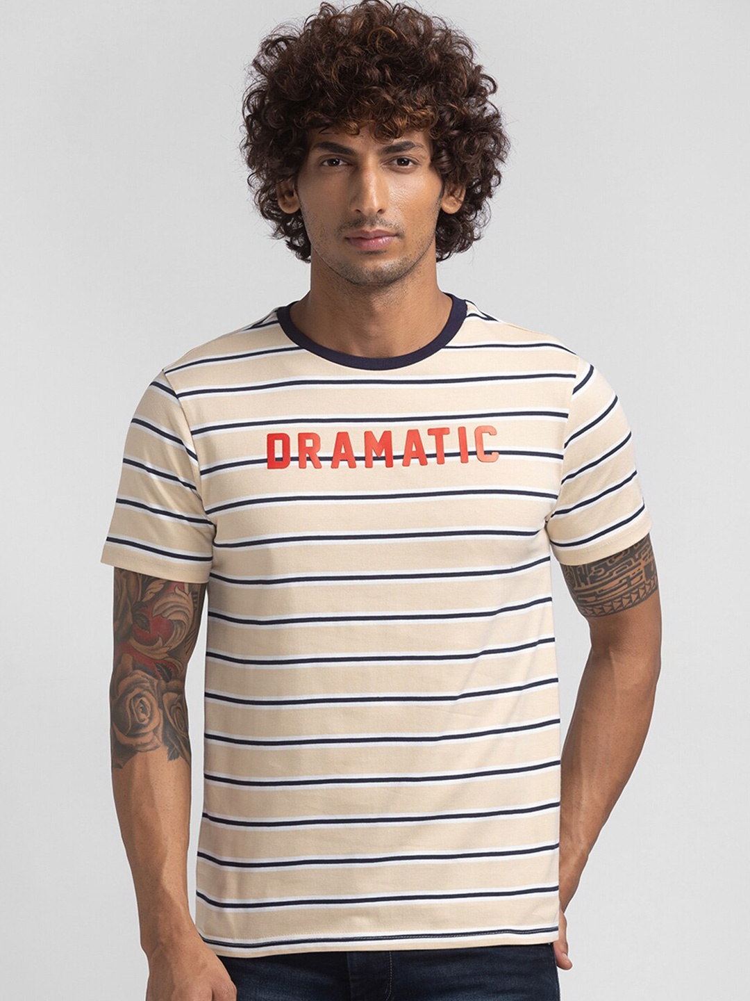 

Globus Men Beige Striped Applique T-shirt