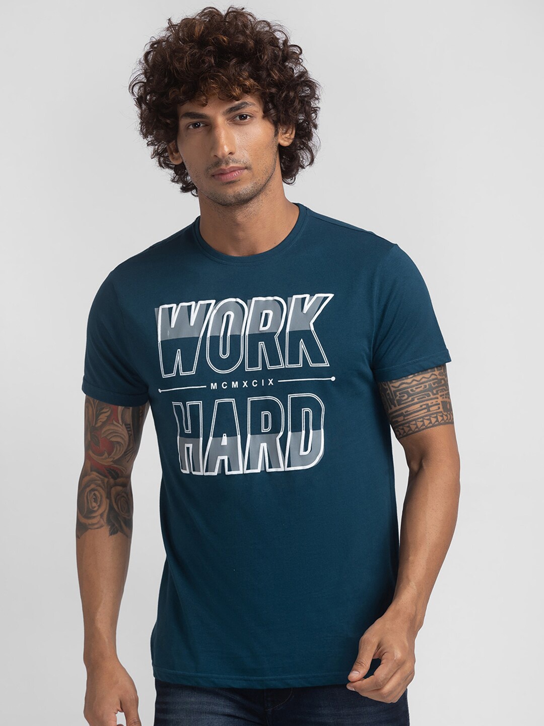 

Globus Men Teal Typography Printed T-shirt