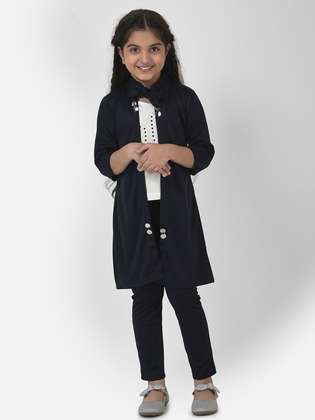 

Elendra jeans Girls Black & White 3 Piece Embellished Top with Trousers & With Jacket