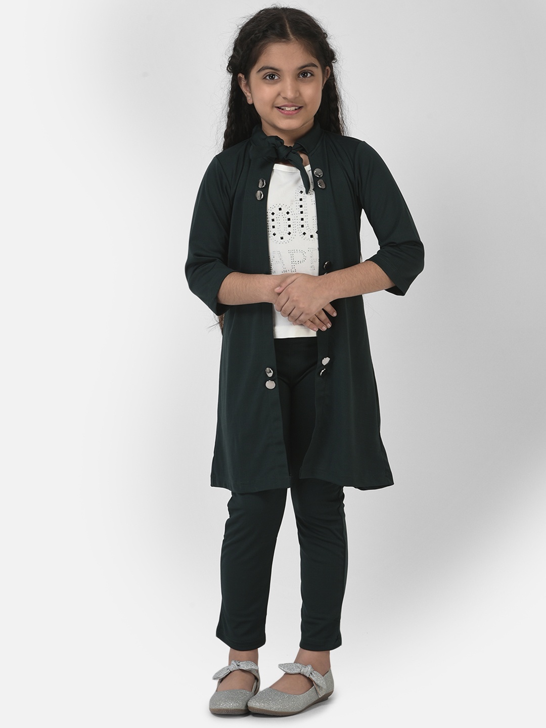 

Elendra jeans Girls Green & Black Embellished Top with Trousers & Waistcoat