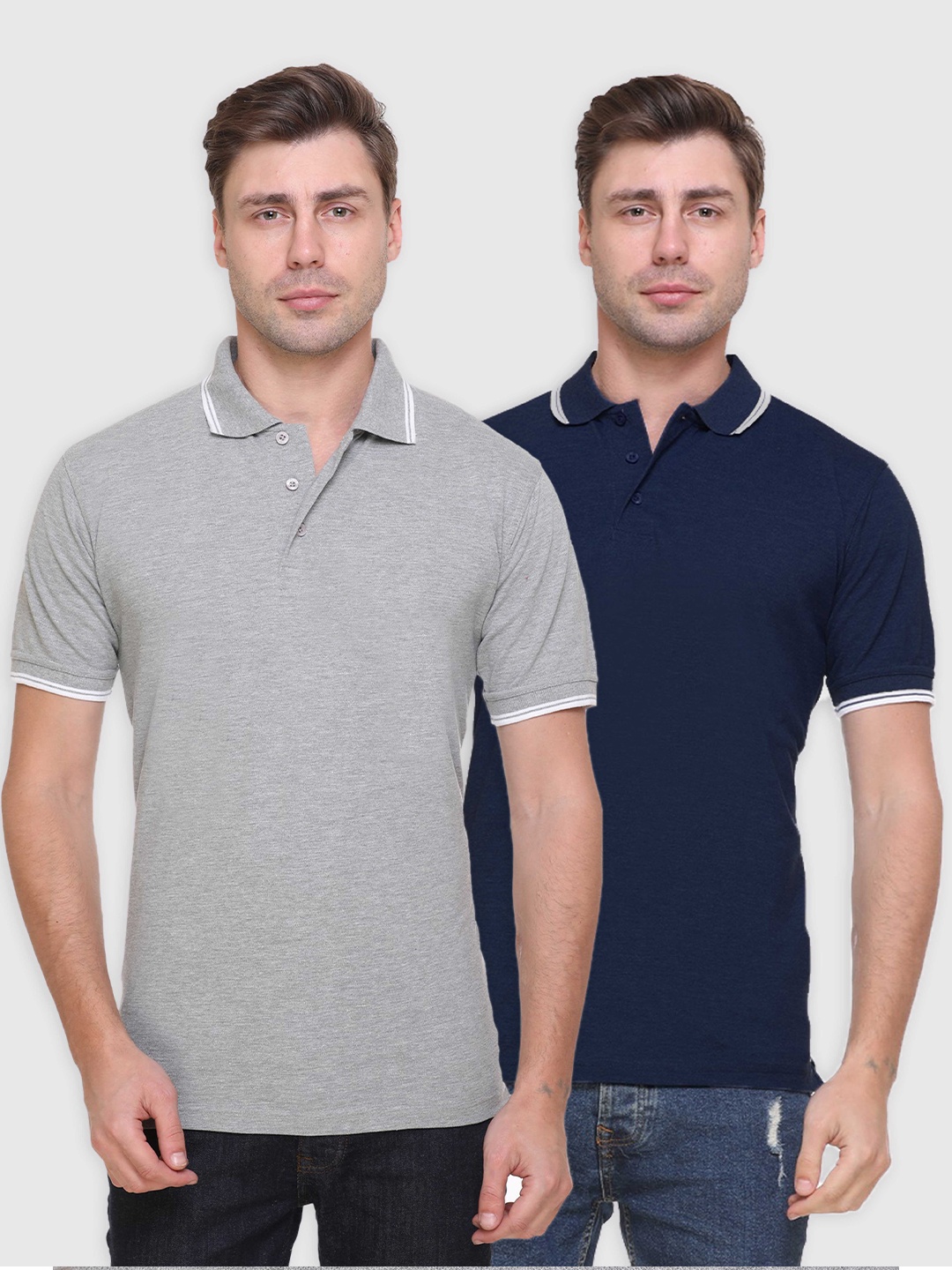 

Kanvin Pack of 2 Men Grey Melange & Navy Blue Polo Collar T-shirt