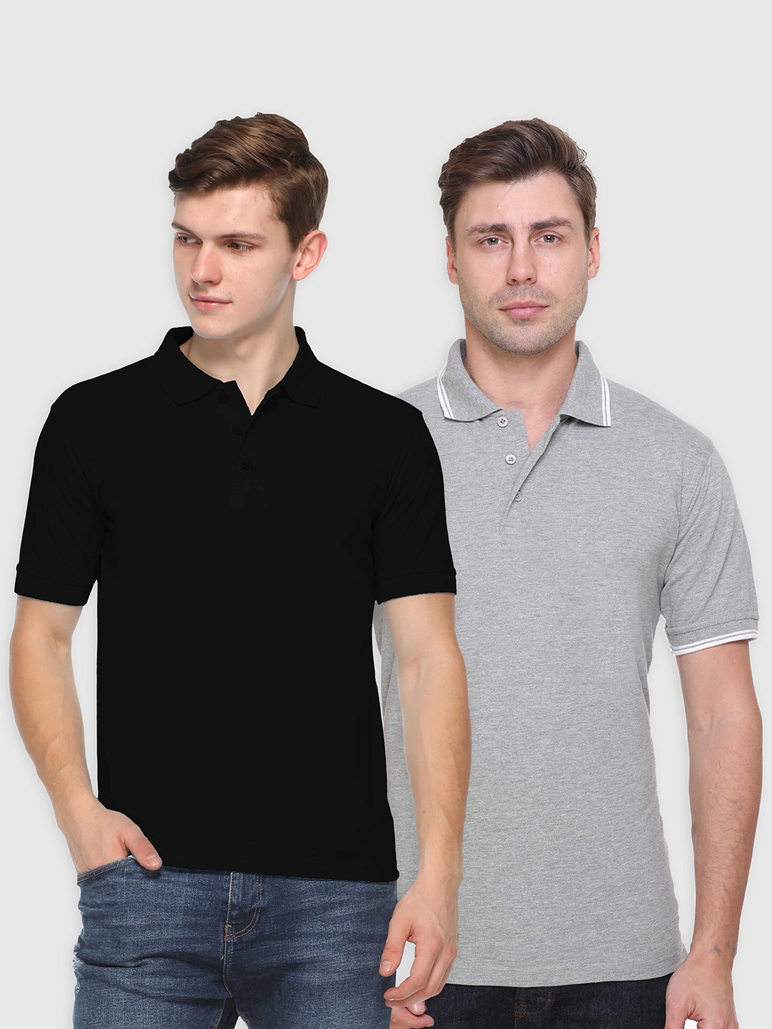 

Kanvin Men Set Of 2 Black & Grey Melange Polo Collar T-shirts