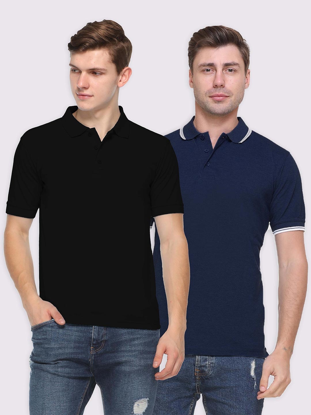 

Kanvin Men Pack Of 2 Black & Navy Blue Polo Collar T-shirt