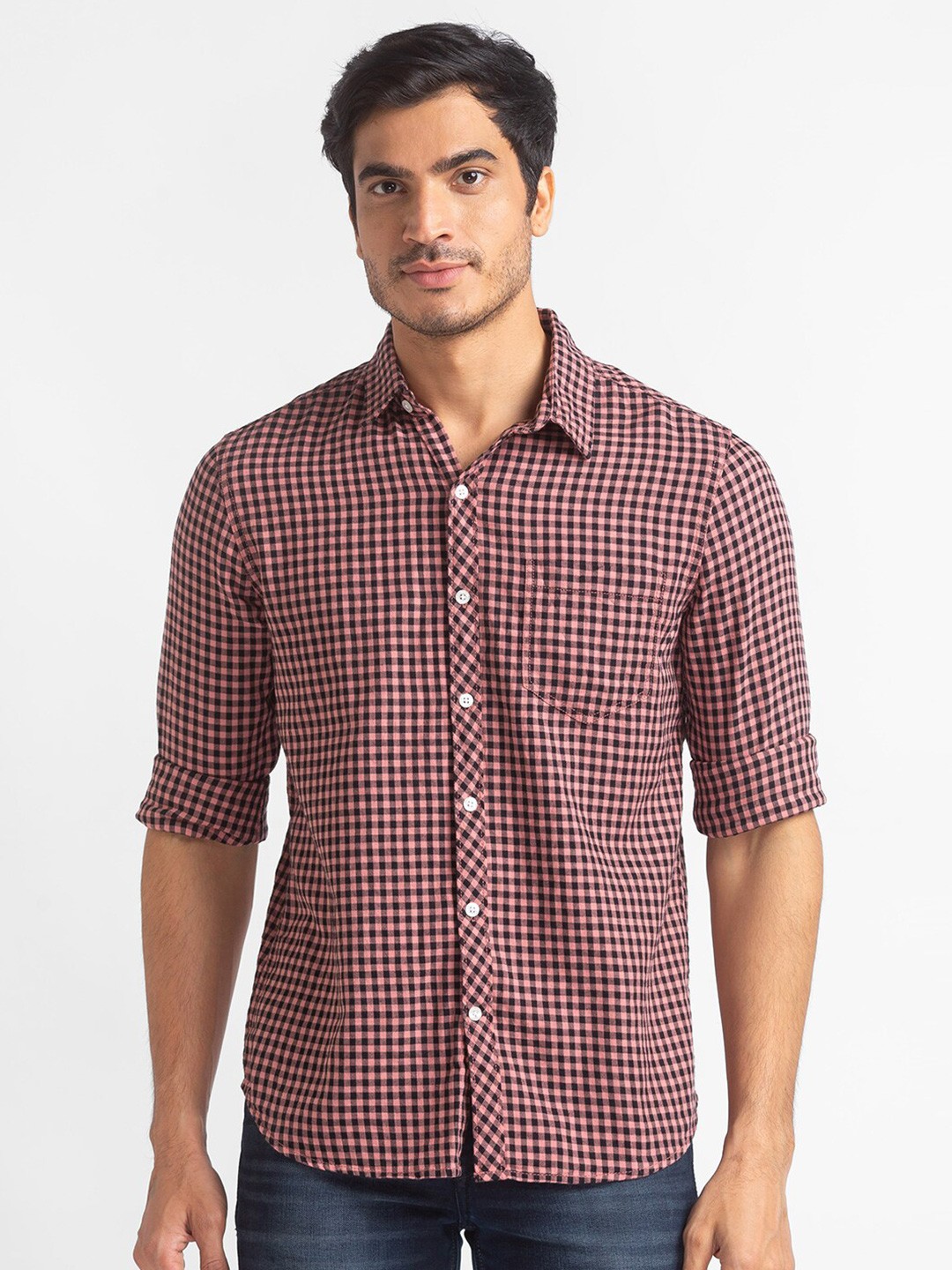 

Globus Men Rust Standard Gingham Checks Checked Casual Shirt