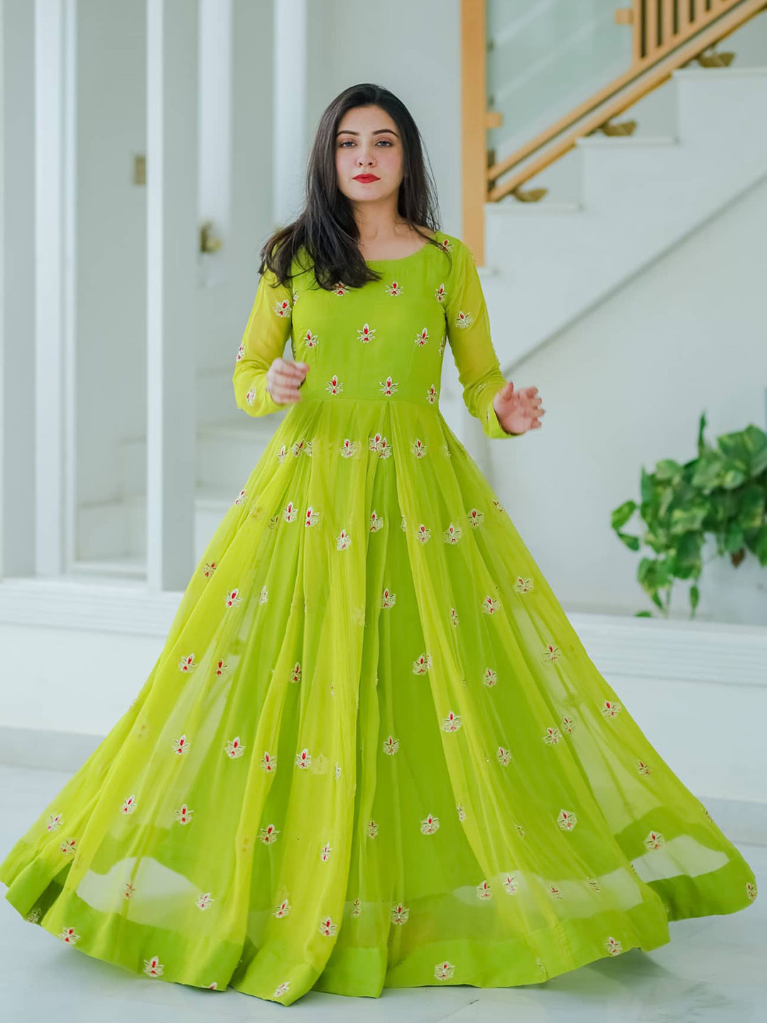 

Fashion Basket Green & Red Embroidered Semi-Stitched Dress Material