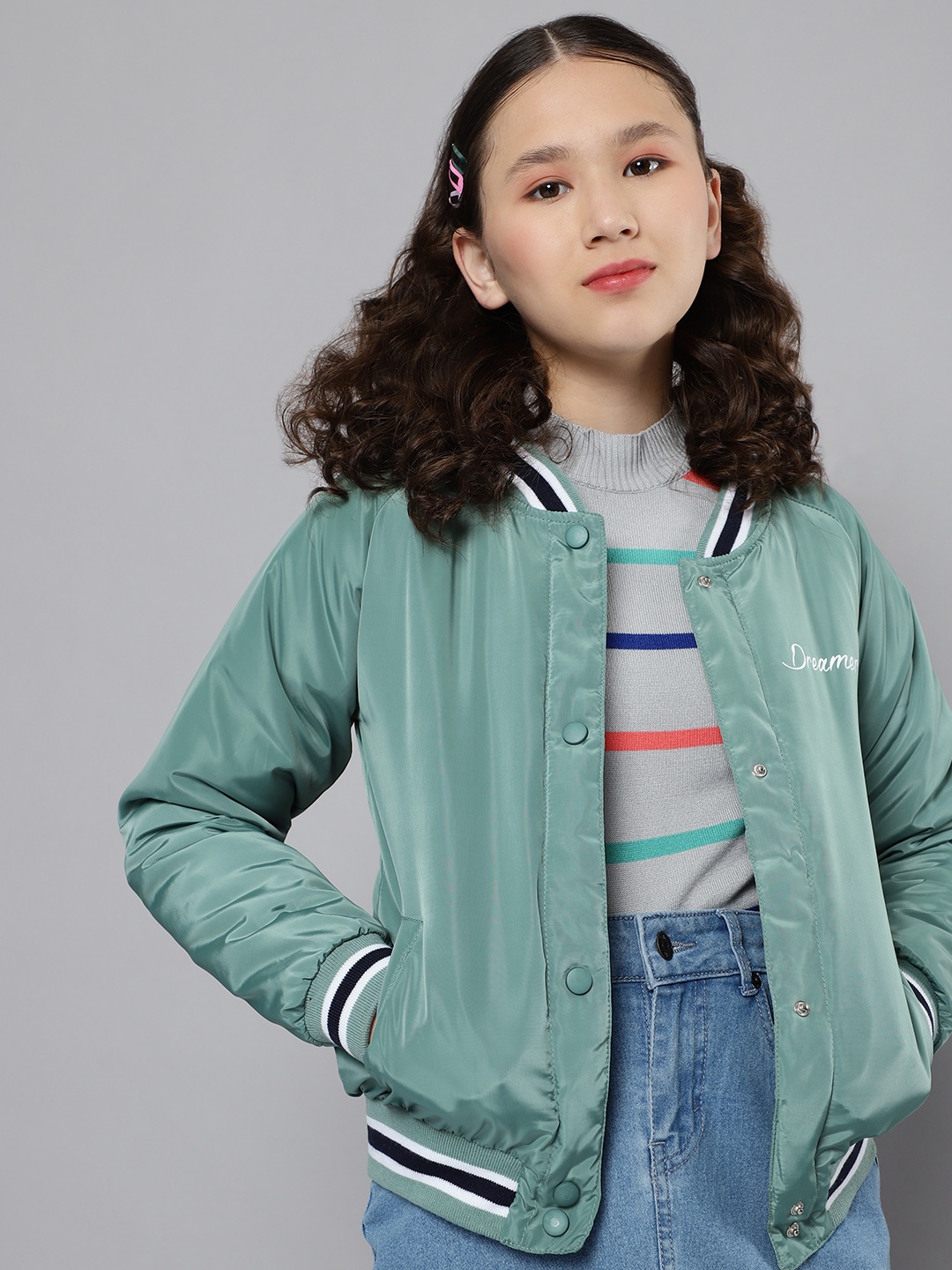 

M&H Juniors Girls Sage Green Solid Bomber Jacket