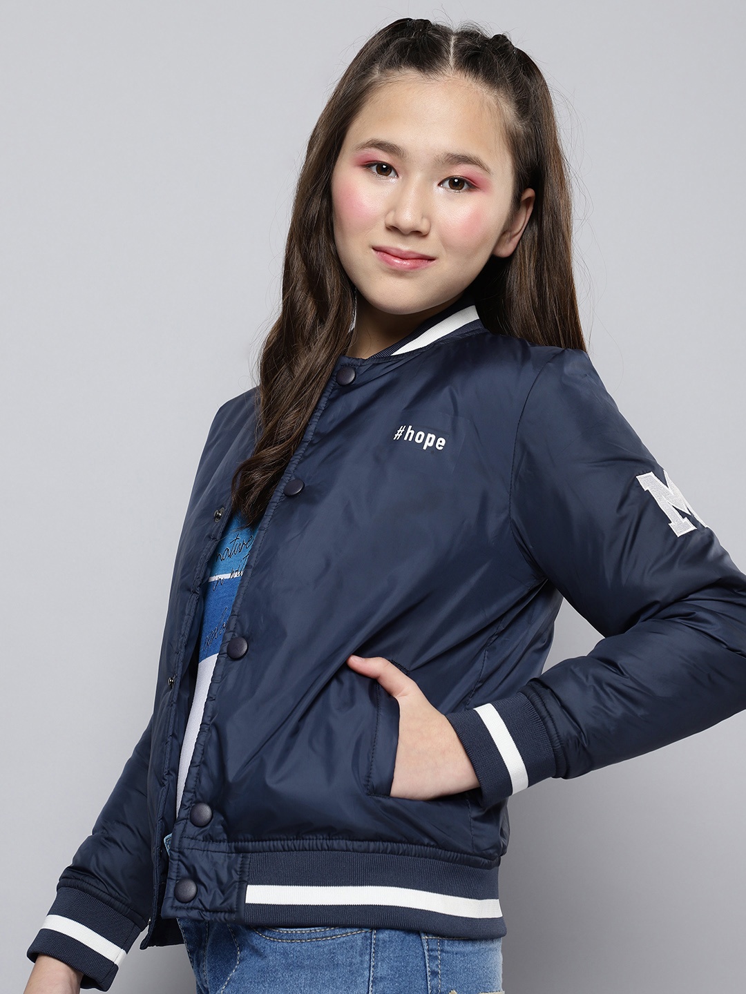 

M&H Juniors Girls Navy Blue Solid Bomber Jacket