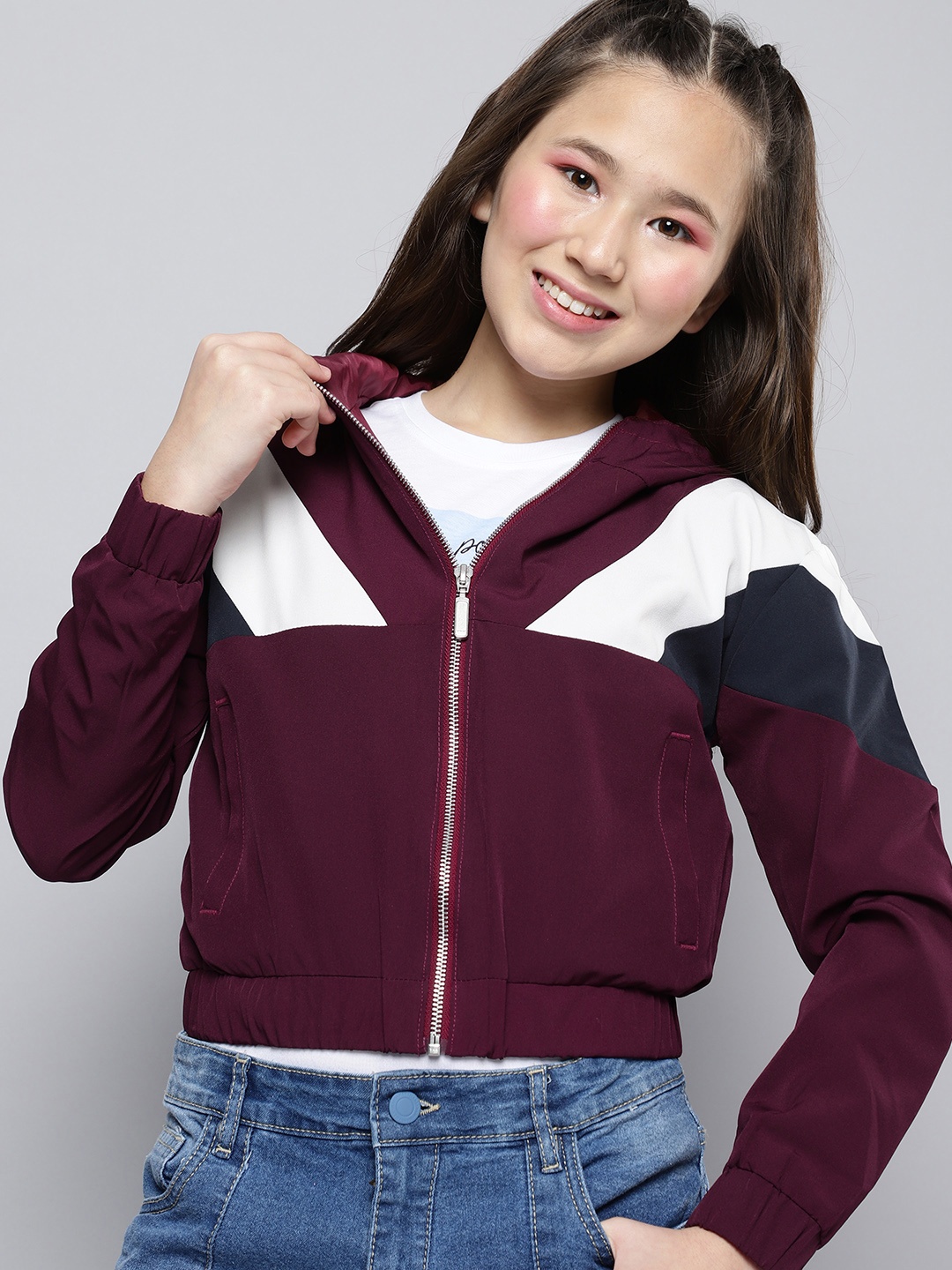 

M&H Juniors Girls Maroon White & Grey Colourblocked Bomber Jacket