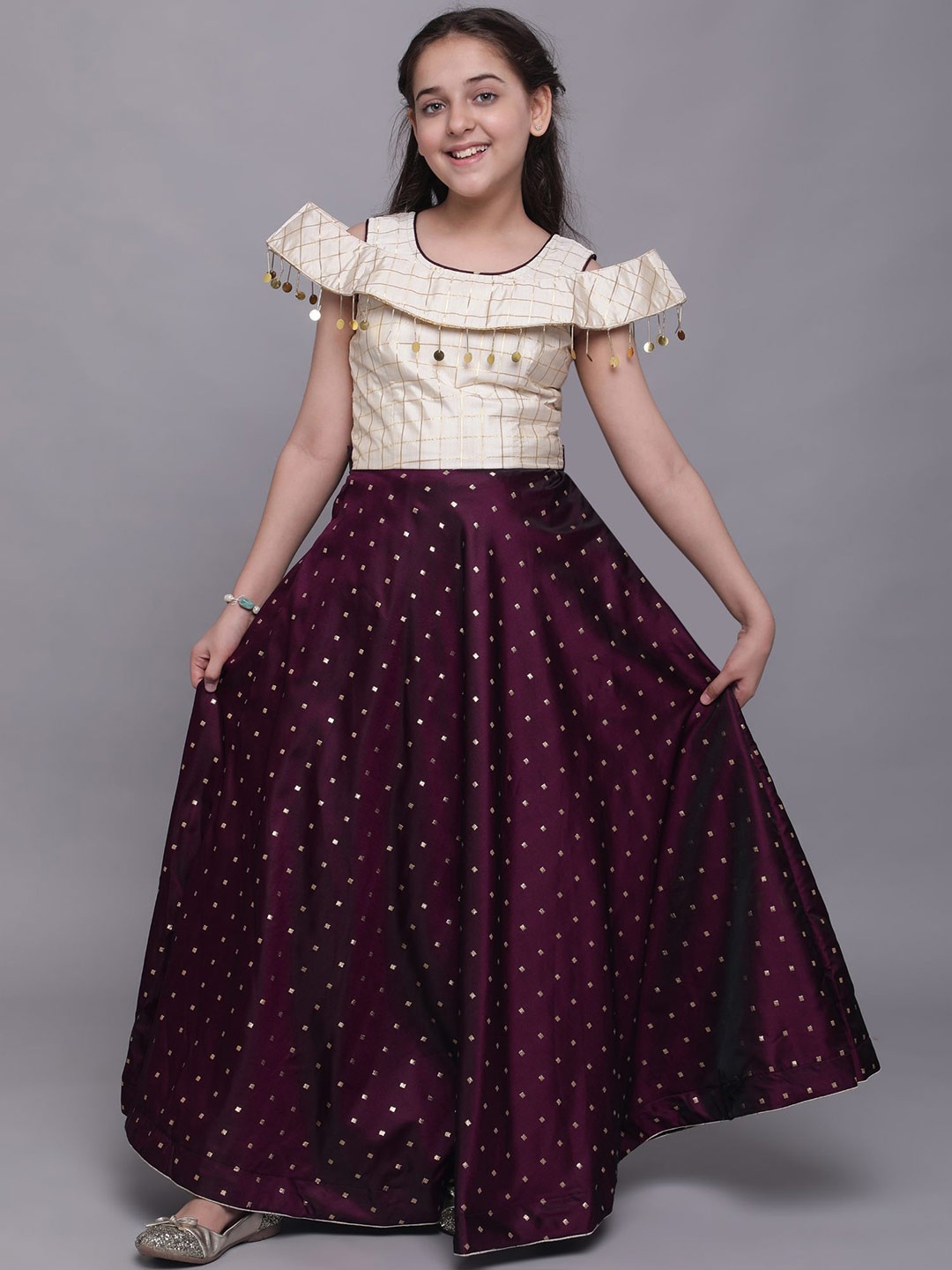 

White World Purple & Cream-Coloured Printed Satin Ethnic Maxi Dress