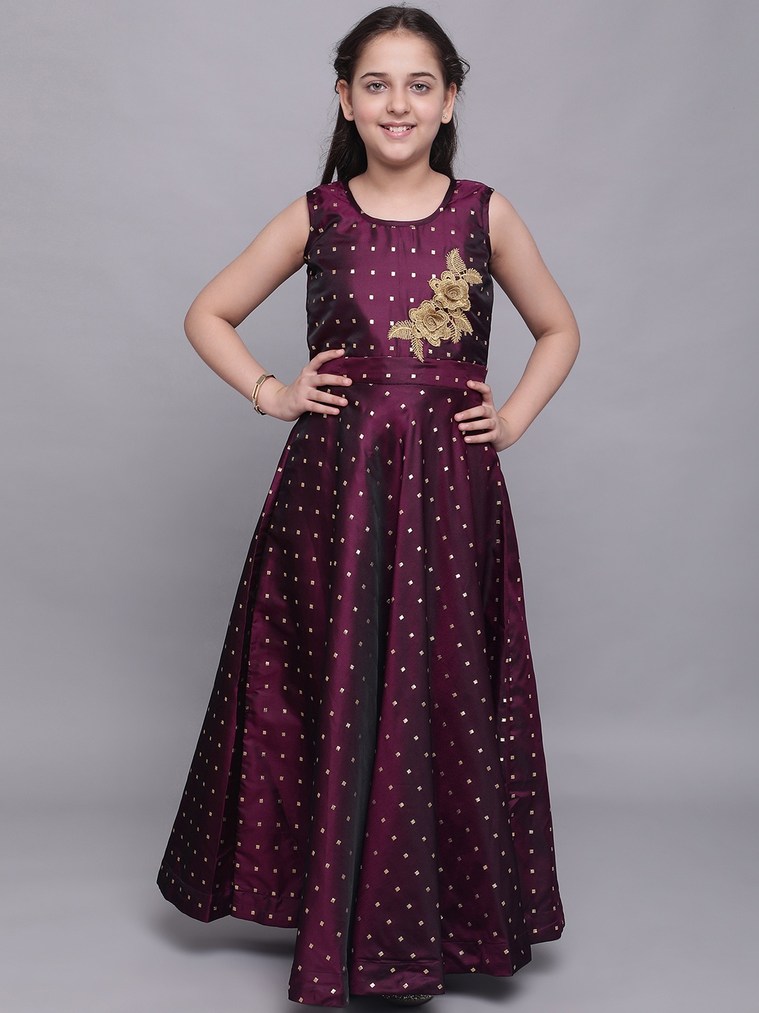 

White World Girls Purple Satin Ethnic Maxi Dress