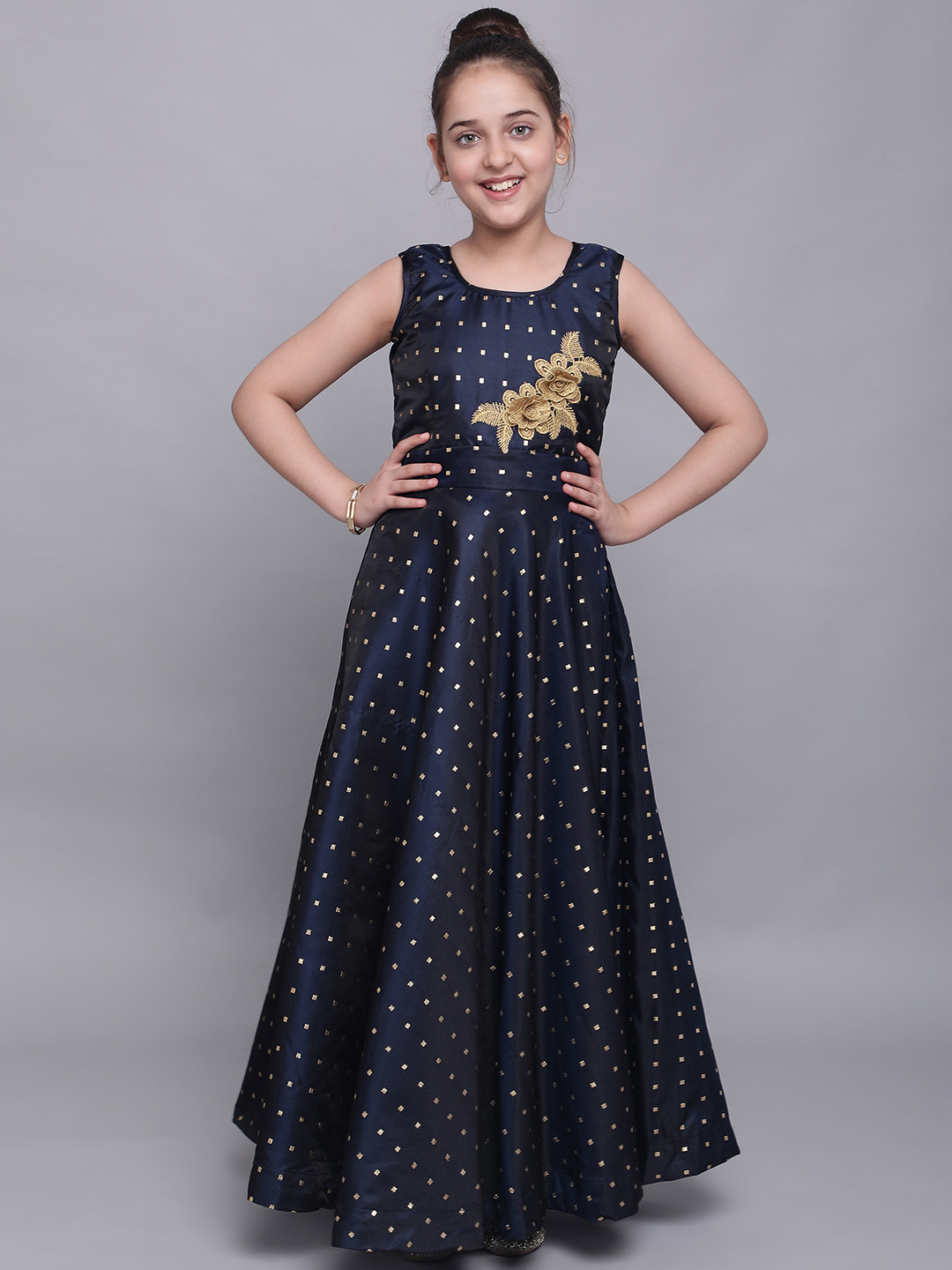 

White World Navy Blue Floral Satin Ethnic Maxi Dress