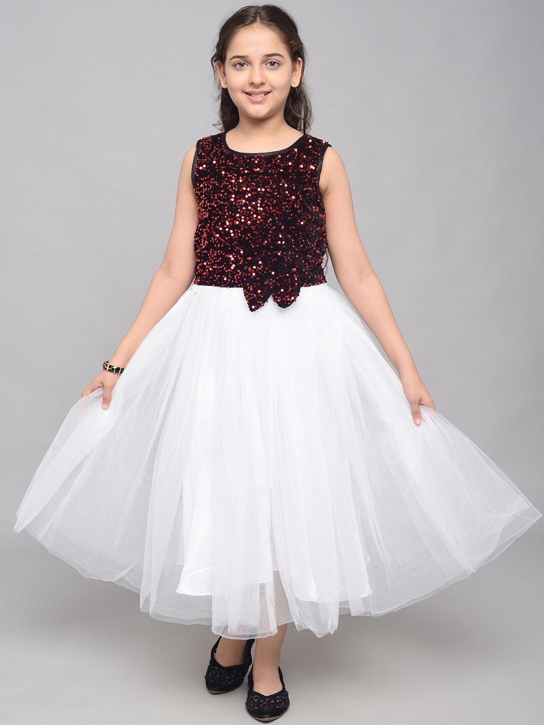 

White World Girls Red Embellished Net Maxi Dress