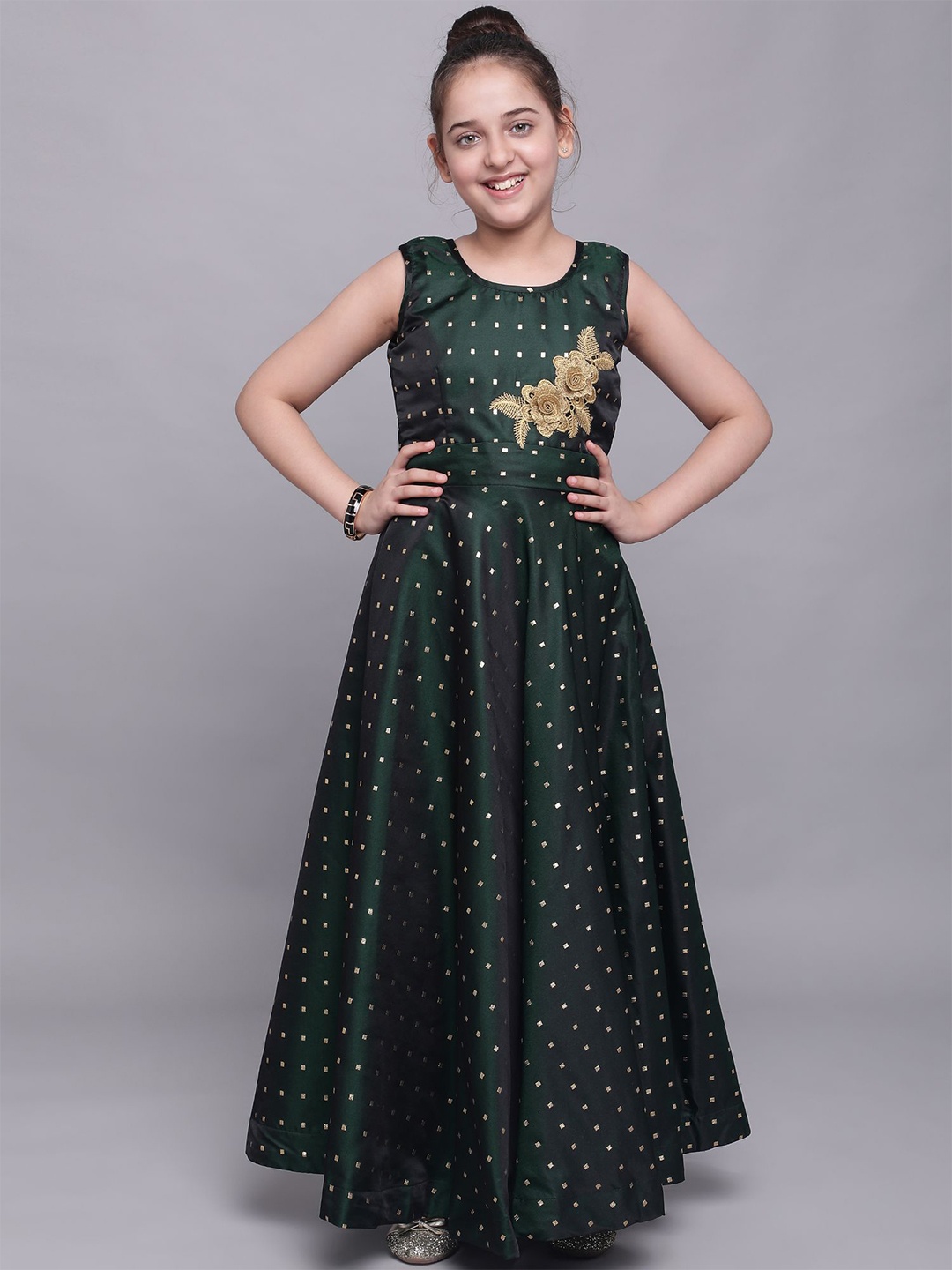

White World Green Kids Girls Satin Ethnic Maxi Sleeveless Dress