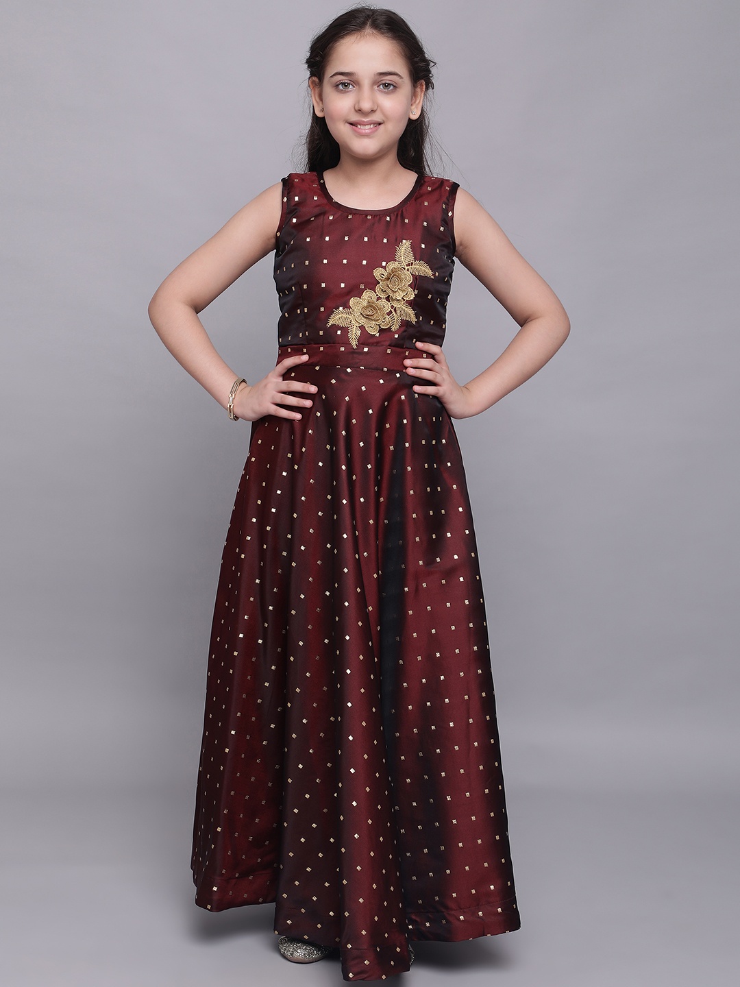 

White World Maroon Ethnic Motifs Satin Ethnic Maxi Dress