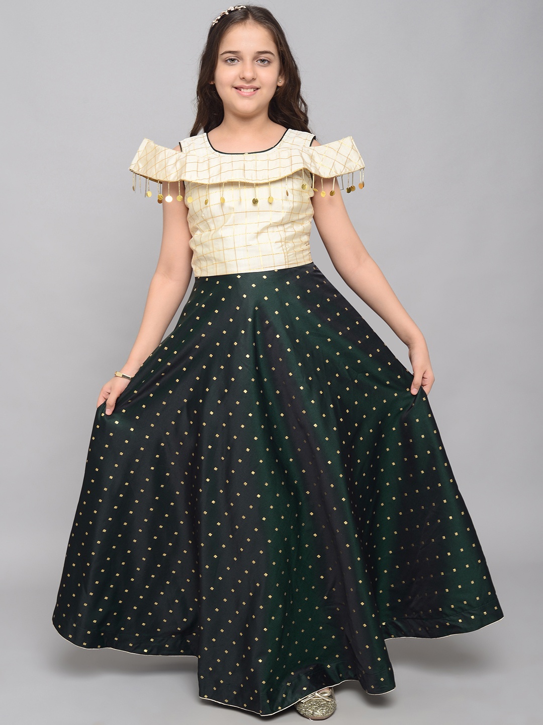 

White World Green Floral Satin Ethnic Maxi Dress