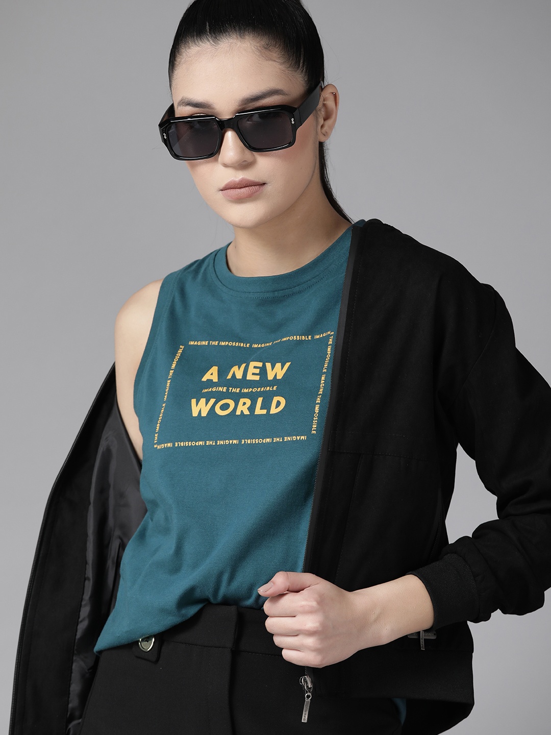 Roadster The Lifestyle Co. Women Typography Printed Pure Cotton T-shirt, Teal