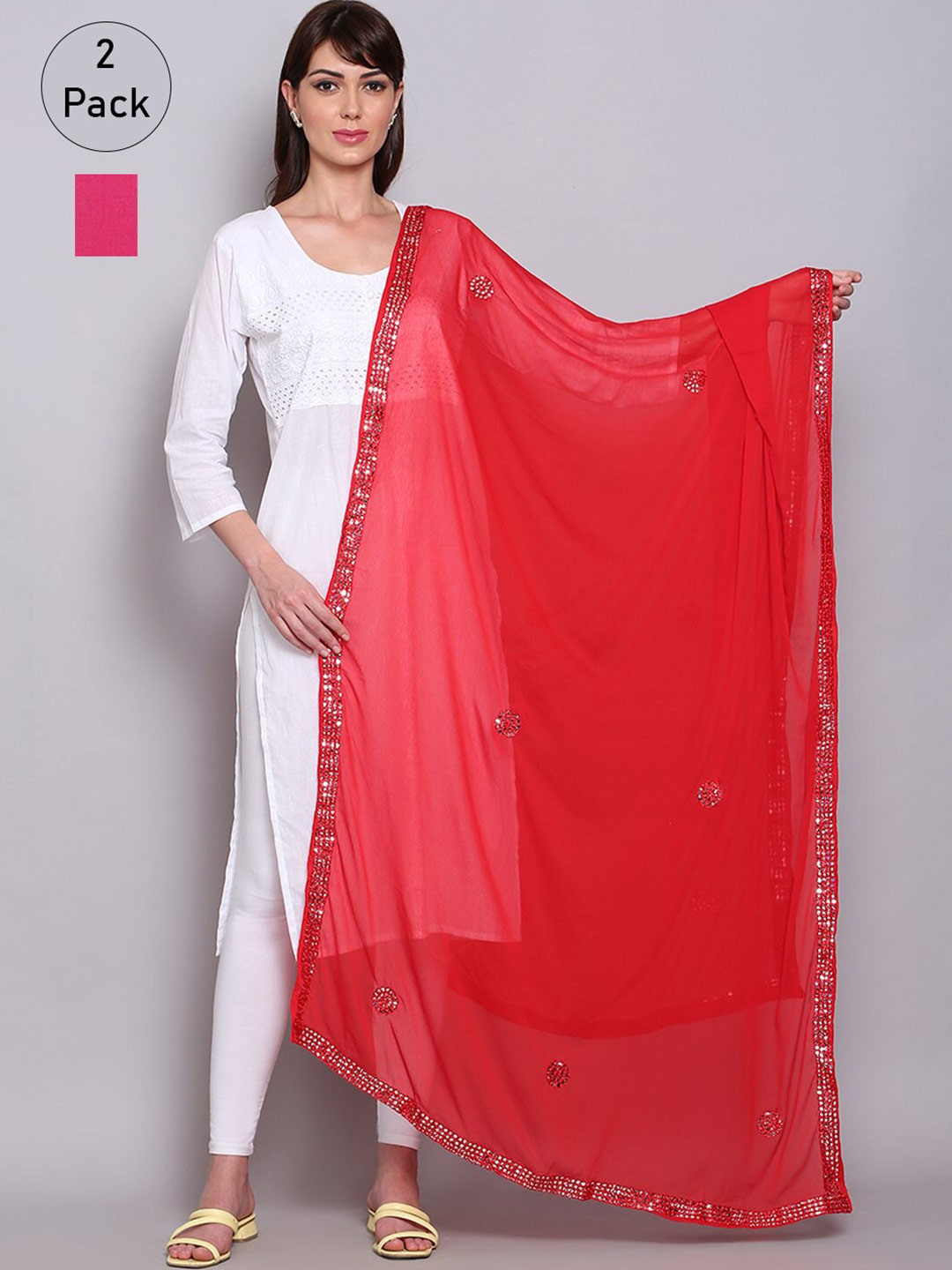

Miaz Lifestyle Pack of 2 Pink & Red Ethnic Motifs Dupatta with Mirror Work