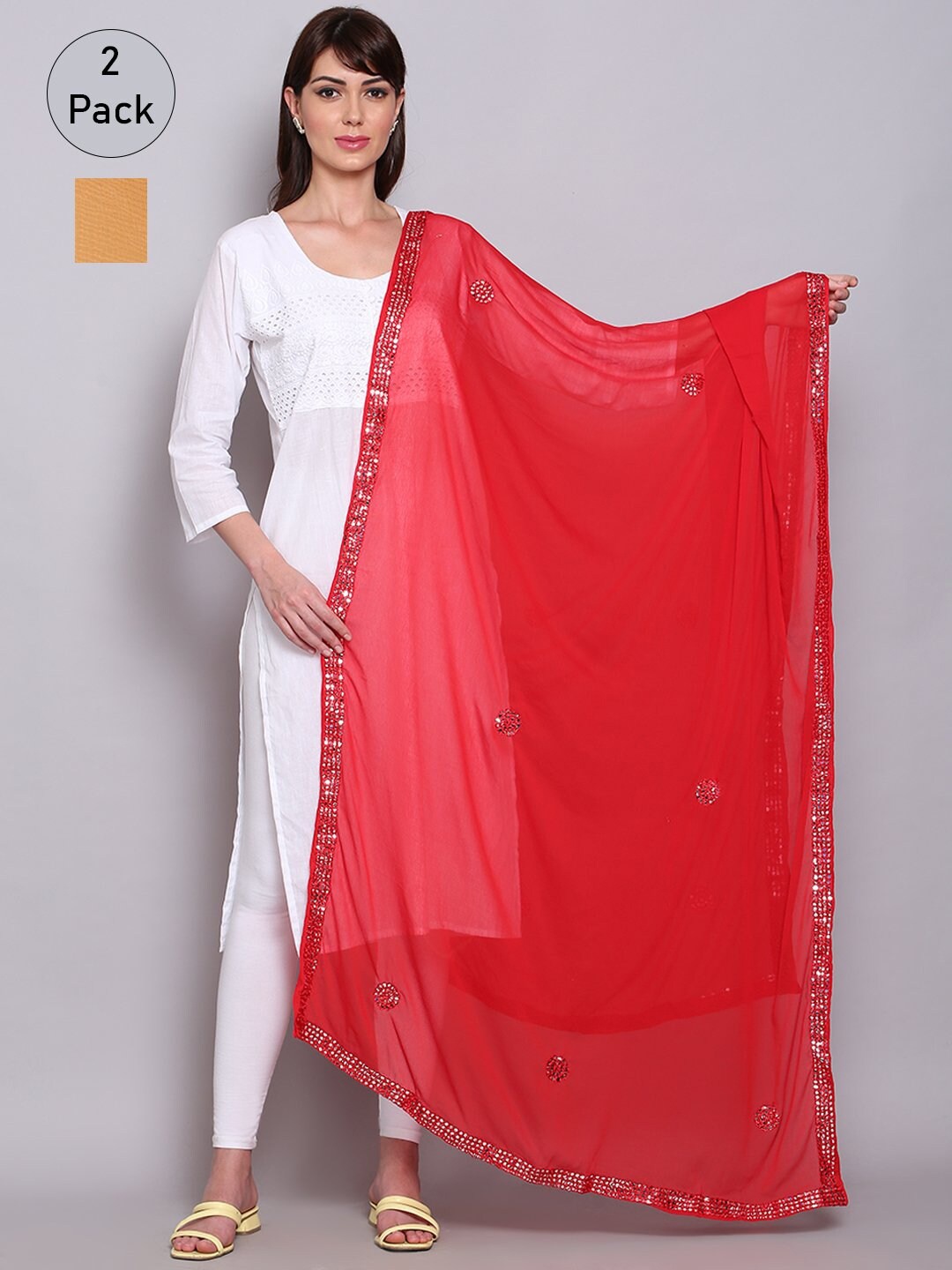 

Miaz Lifestyle Red & Beige Pack of 2 Ethnic Motifs Ombre Dupatta with Mirror Work