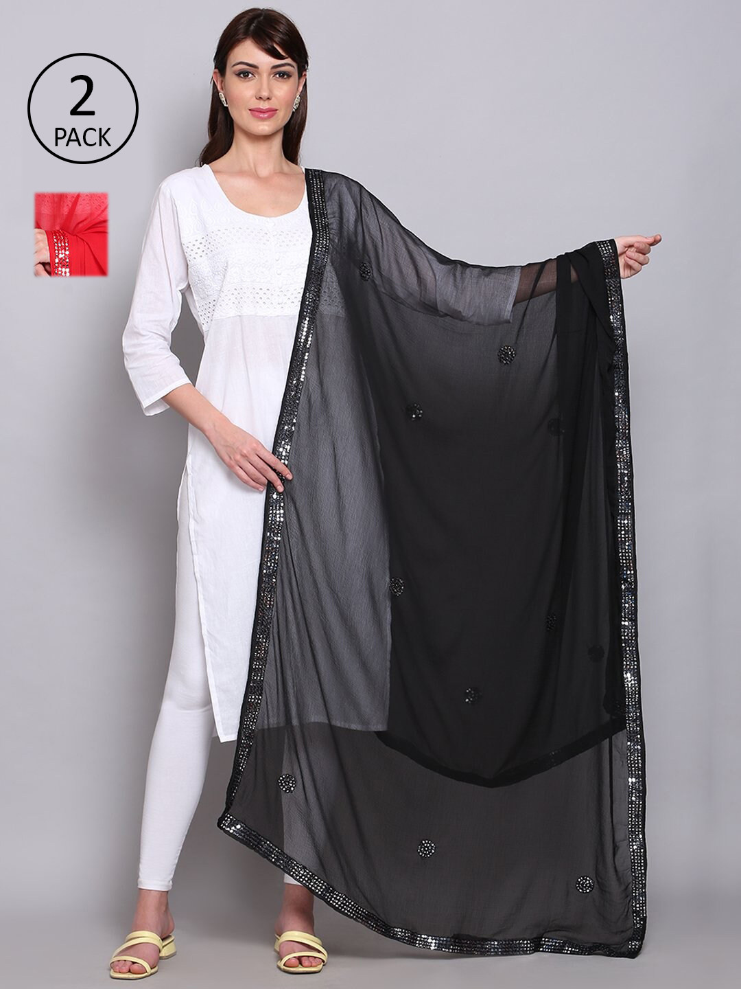 

Miaz Lifestyle Set Of 2 Black & Red Dupatta with Mirror Work