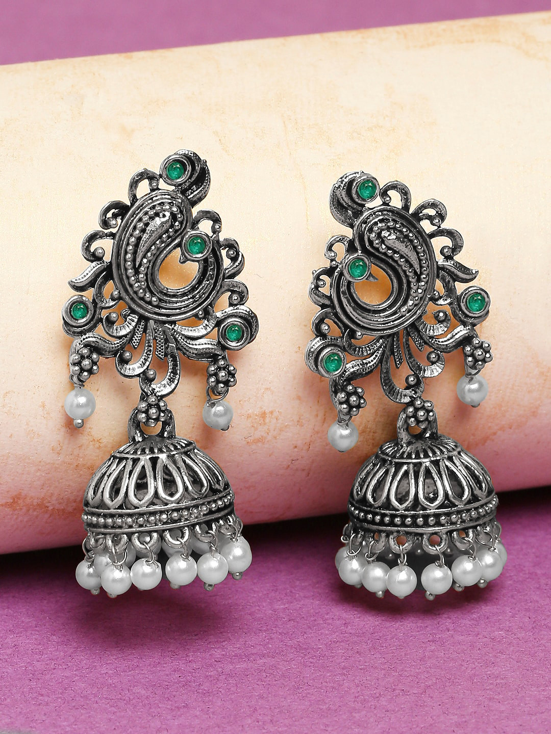 

OOMPH Women Green Oxidised Silver Peacock Shaped Jhumkas Earrings