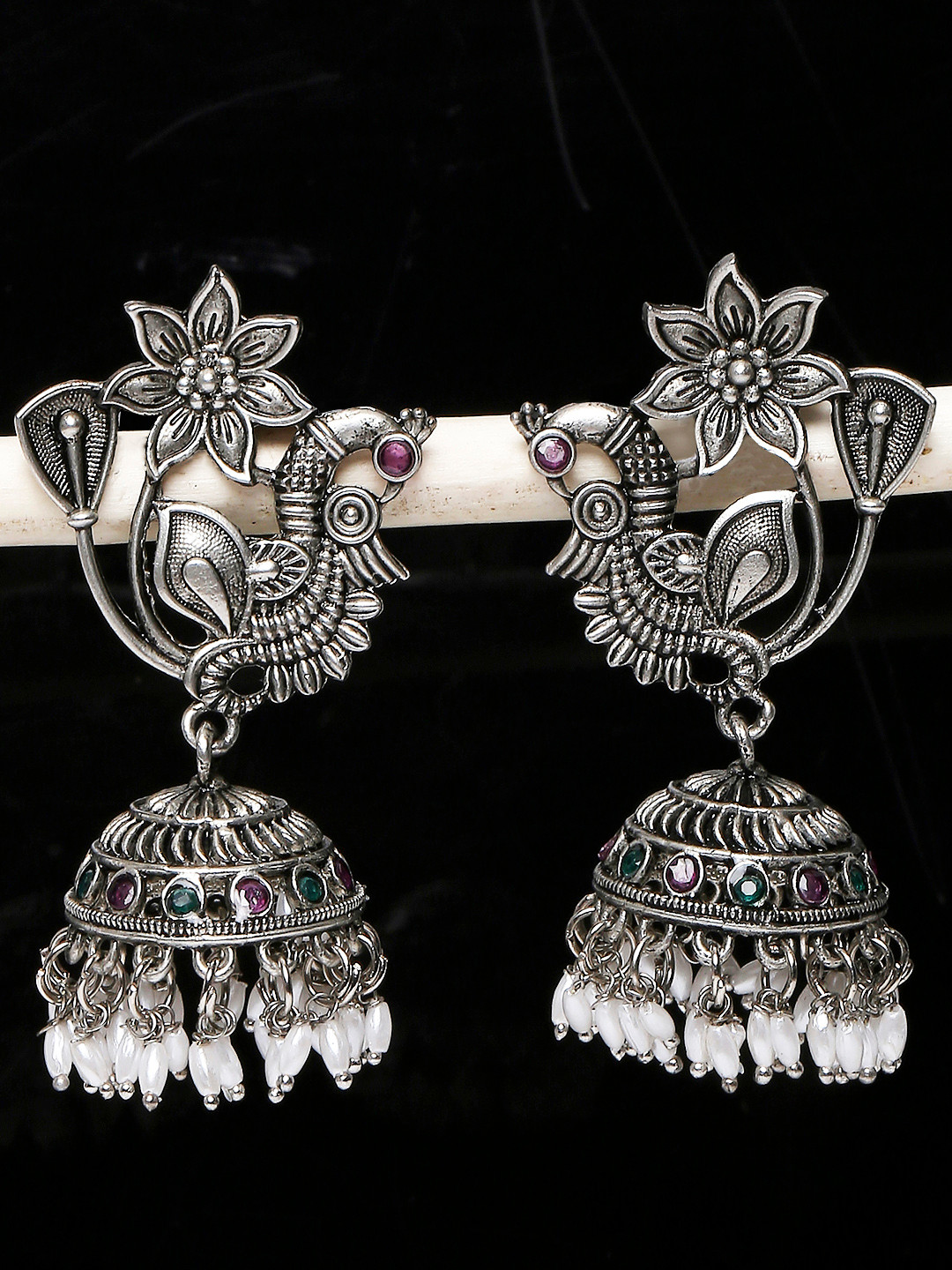 

OOMPH Oxidised Silver Plated Green Peacock Shaped Jhumkas Earrings